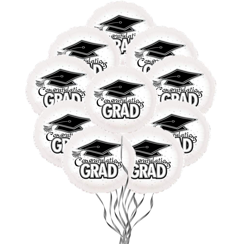 18 Inch PMU Congrats Grad Cap Mylar Balloon - Graduation Party Decorations (10 Pack, White) | Perfect for Graduation Ceremonies, Photo Backdrops & Celebration Decor