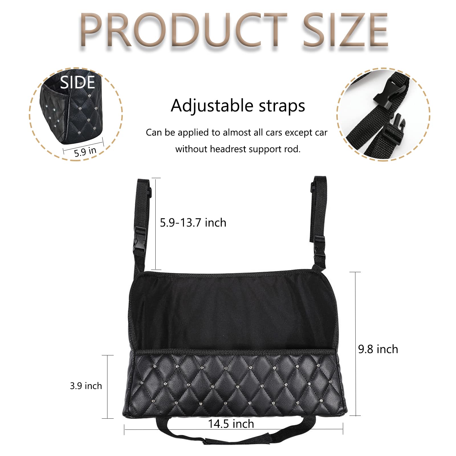 Diamond Car Net Pocket Handbag Holder - Bling Driver Storage Netting Pouch for Front Seat Organizer | Backseat Pet & Kids Barrier | Car Purse Storage Organizer (Black with Rhinestones) - Perfect for Road Trips, Daily Commutes & Keeping Your Vehicle Tidy