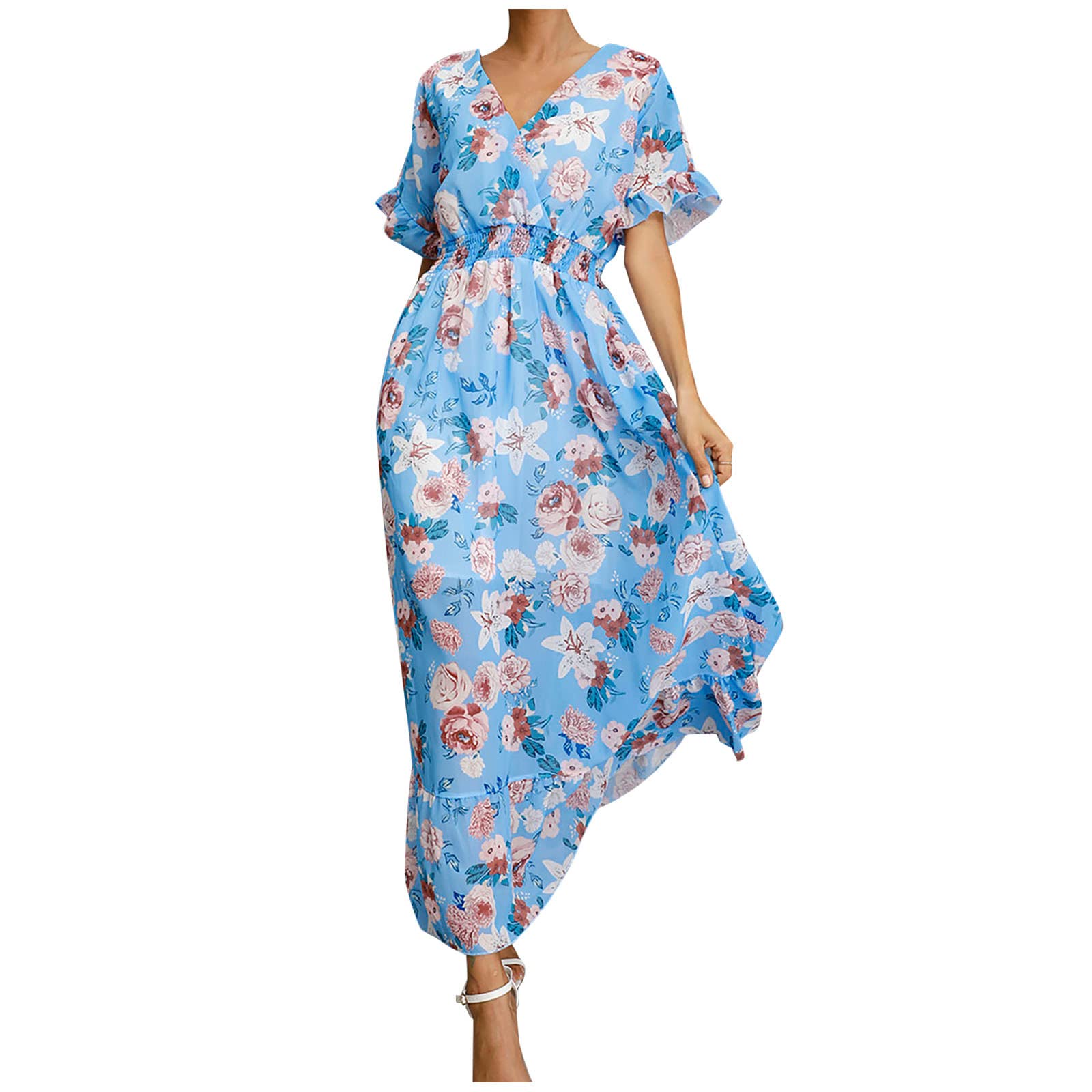 Women's Floral Maxi Dress with Sleeves - V Neck, High Waist, Ruffle & Flared Hem - Casual Beach Long Dress for Summer Vacations, Outdoor Parties & Boho Style Outfits