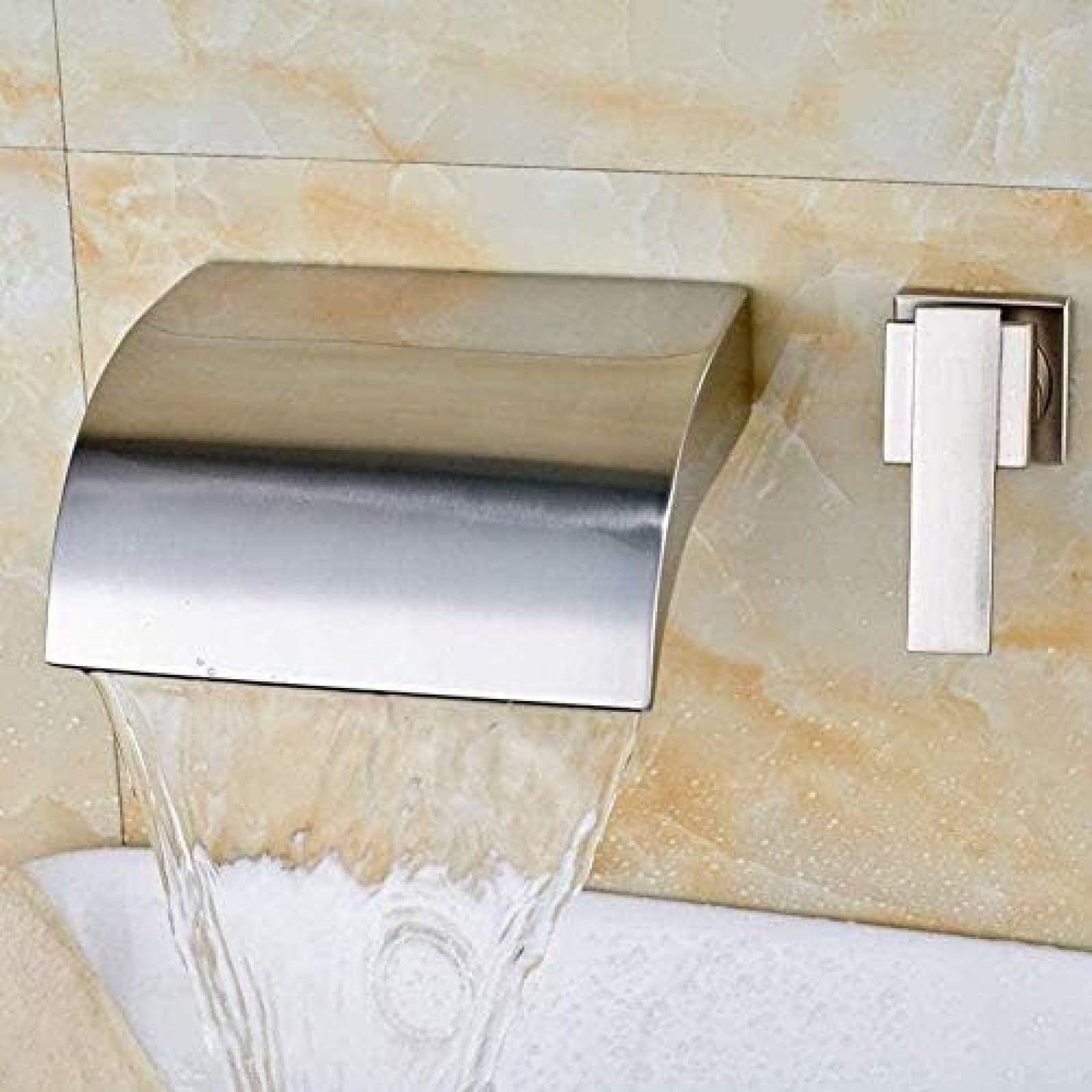 CRJUS Brushed Nickel Single Handle Wall Mount Waterfall Kitchen Faucet - Dual Hole Basin Mixer Tap for Modern Sink, Perfect for Home, Restaurant, and Commercial Use