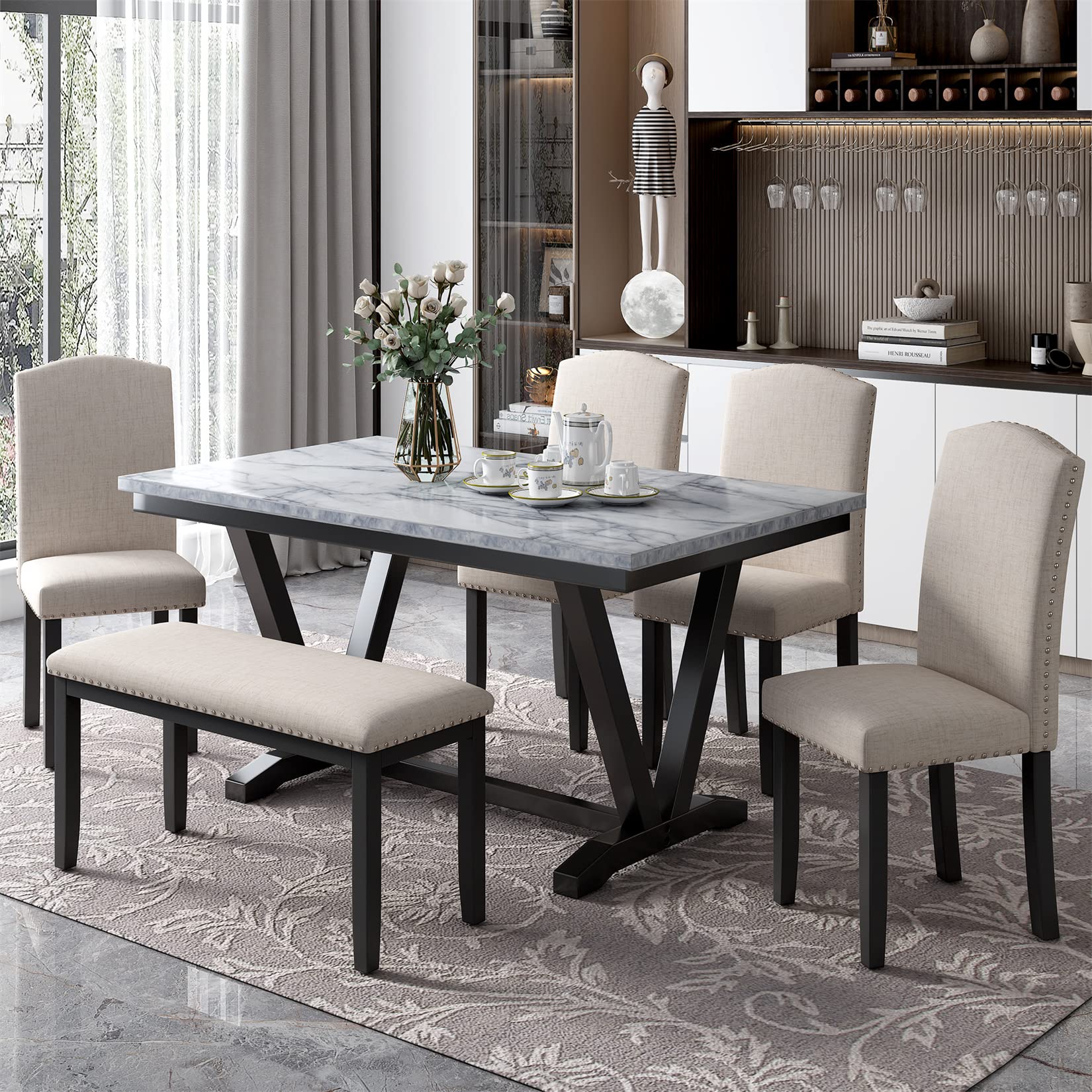 6-Piece Wooden Dining Table Set with Marbled Veneer Tabletop & 4 Upholstered Chairs + Bench - Urban Style Kitchen Dinette for 6 People | Perfect for Small Spaces, Breakfast Nooks & Modern Apartments