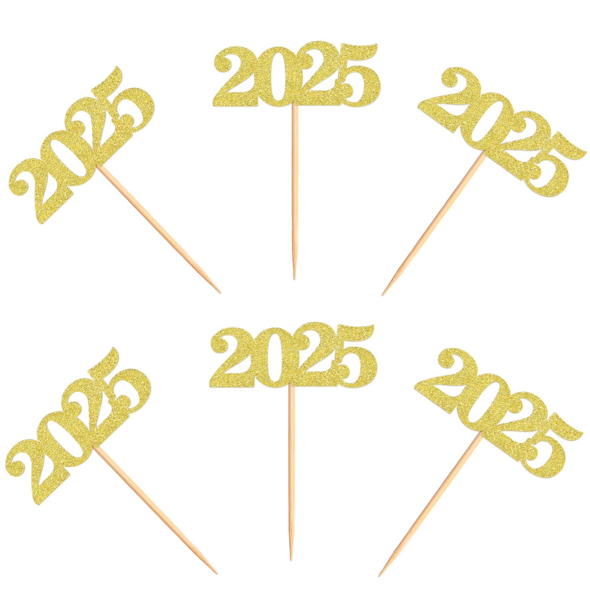 40 Pcs Gold Glitter New Year Cupcake Toppers 2025 - Cheers to 2025 Cake Picks for New Year's Eve Party Decorations - Perfect for Birthday, Wedding & Holiday Celebrations