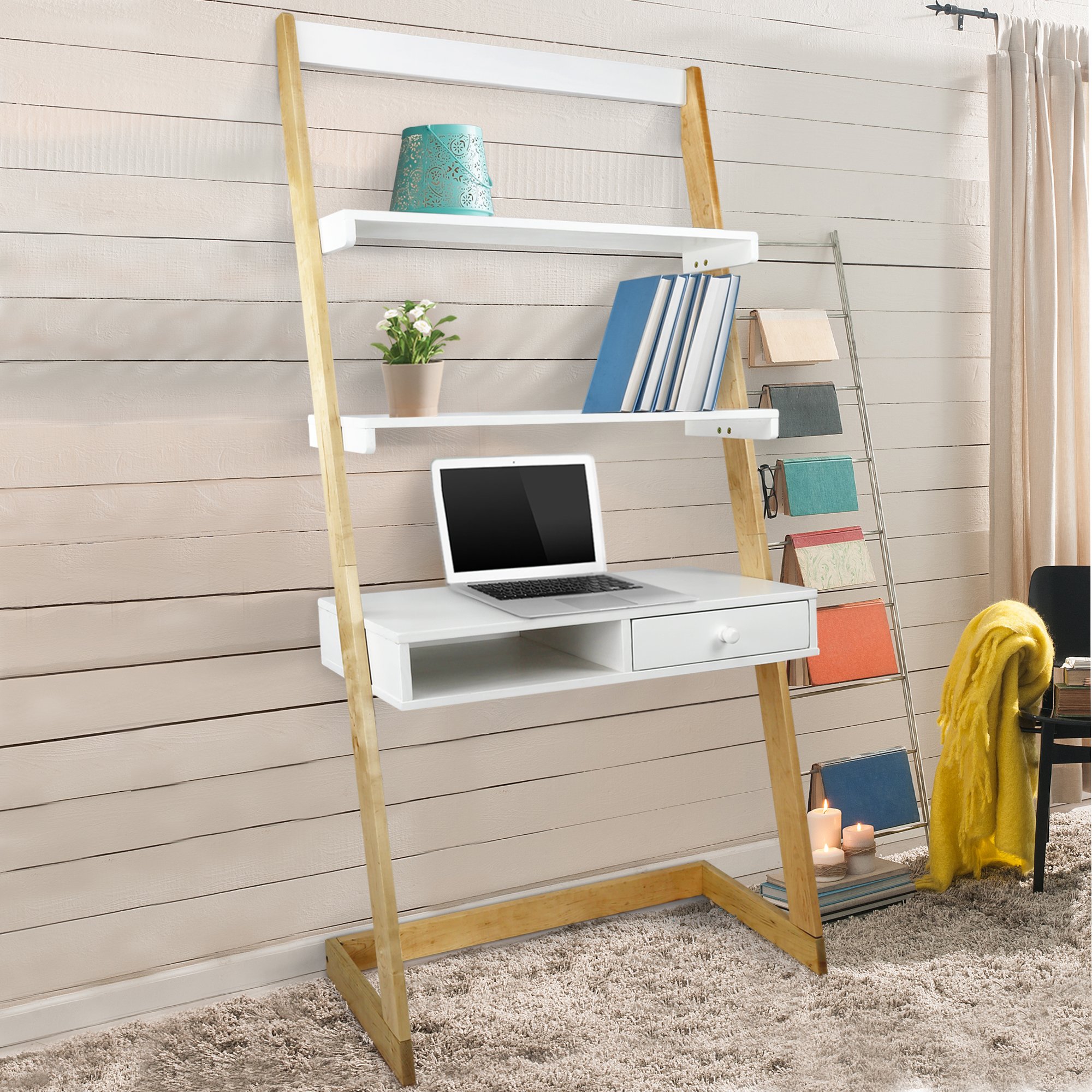 Freestanding Ladder Desk with Drawer - Natural Maple & White Finish - Home Office, Study, Dorm Room, Small Space Workstation - American Trails Wooden Writing Desk
