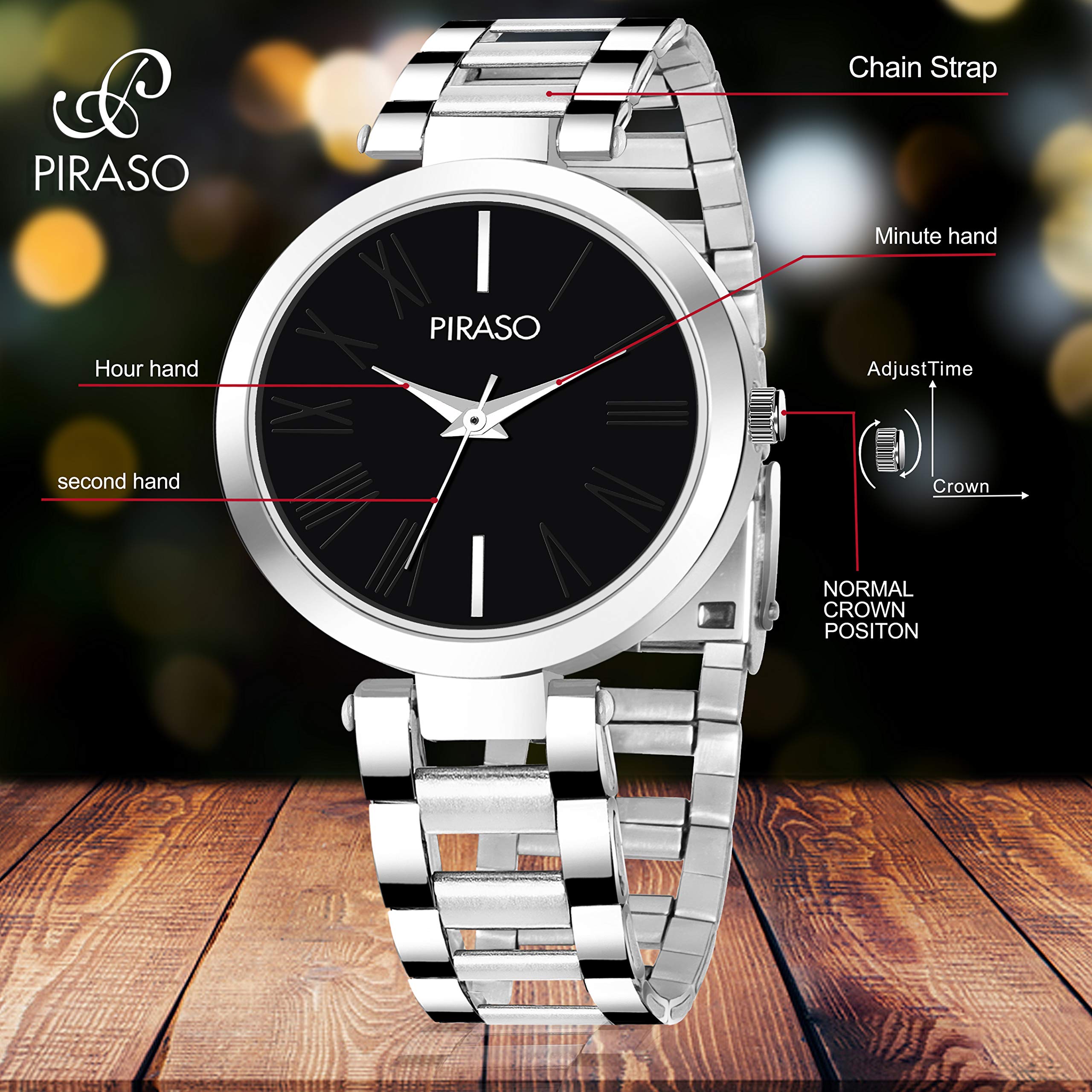 PIRASO Elegant Stainless Steel Chain Watch for Women - Fashionable Ladies Wristwatch with Adjustable Bracelet, Perfect for Daily Wear, Office, Parties & Special Occasions