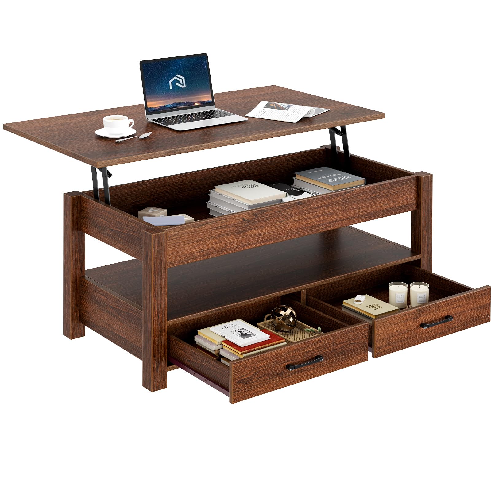 Rolanstar Lift Top Coffee Table with Drawers & Hidden Storage - Retro Wooden Lift-Top Center Table for Living Room, Espresso Finish - Perfect for Small Spaces & Entertaining Guests