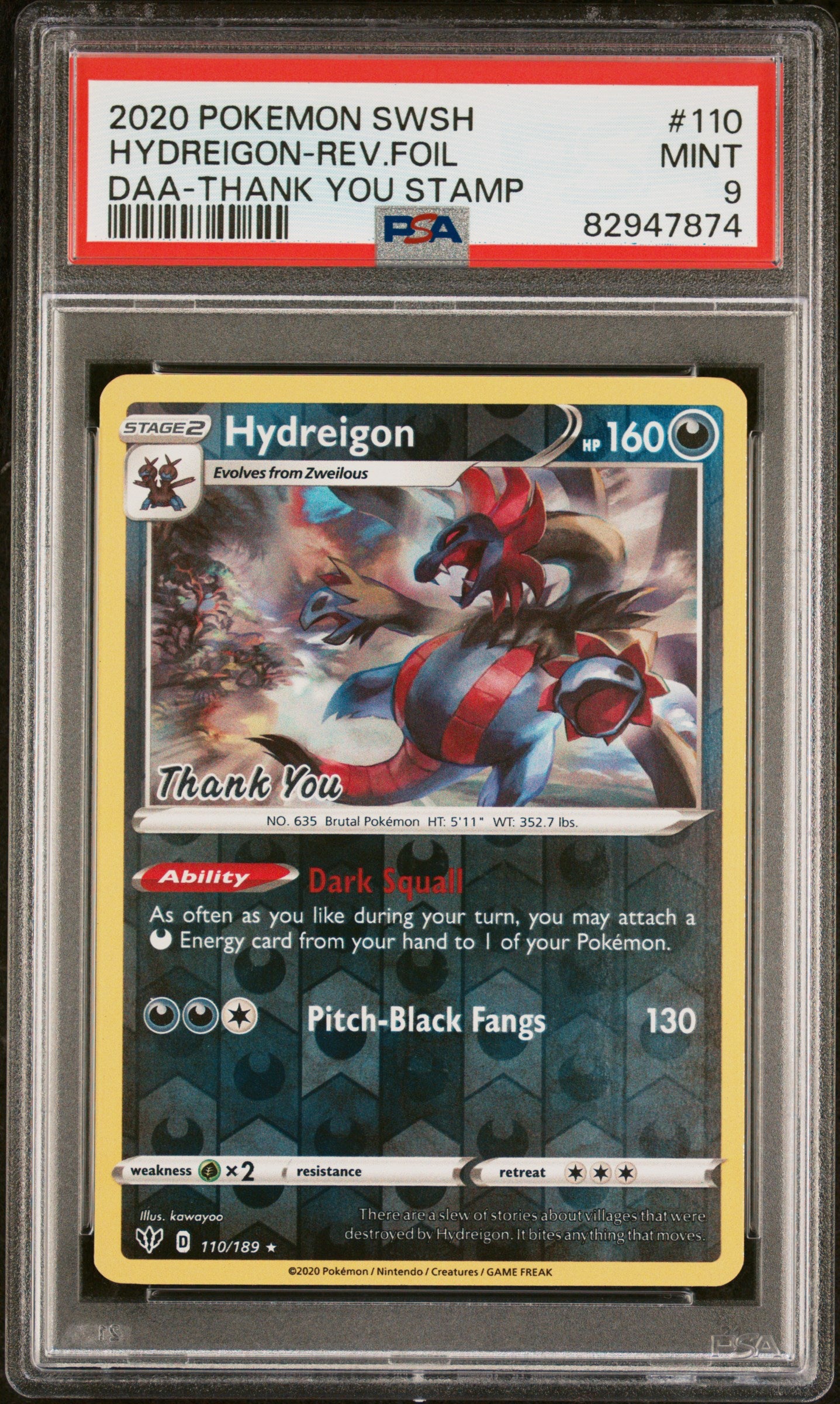 Pokemon Hydreigon 110/189 Reverse Foil DAA Thank You Stamp SWSH 2020 PSA 9 Graded Card - Perfect for Collectors, Battles & Display