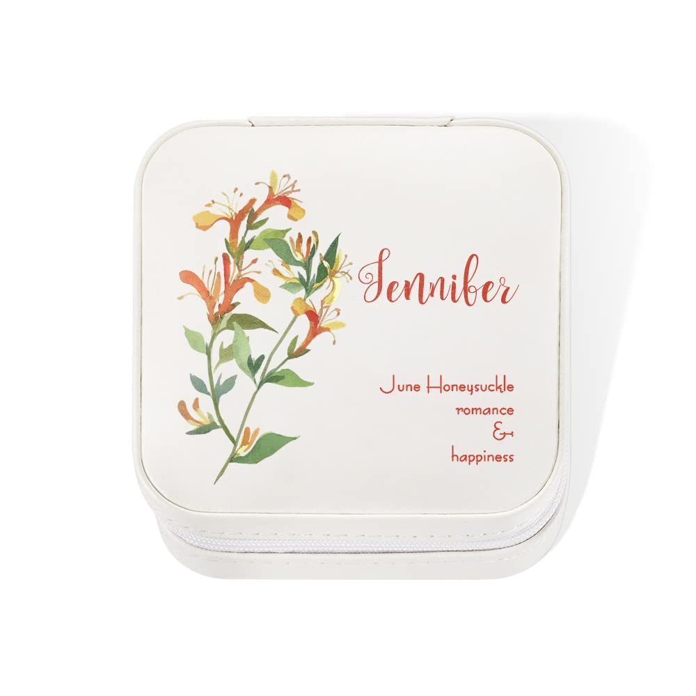 Personalized Leather Jewelry Box for Women - Engraved Name & Birth Flower Travel Jewelry Organizer, Bridesmaid Gift, Mom Birthday Gift - Elegant White Jewelry Storage Case (Perfect for Travel, Bridal Shower, Mother's Day & Special Occasions)