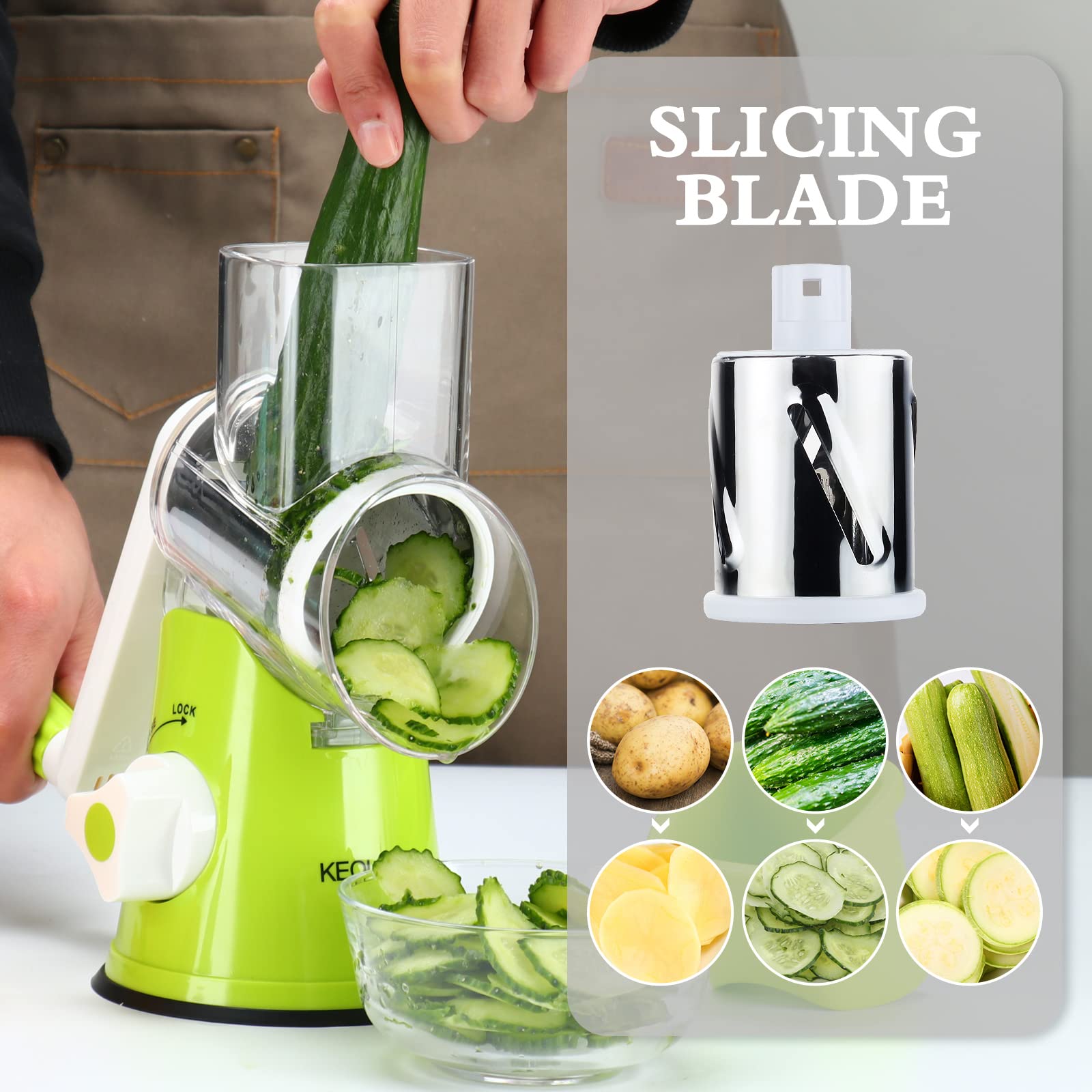Premium Rotary Cheese Grater Shredder - 3 Interchangeable Blades for Cheese, Nuts, Carrots, Potatoes & More | Manual Round Mandolin Slicer with Safety Guard | Ideal for Kitchen, Camping & Meal Prep (Green)