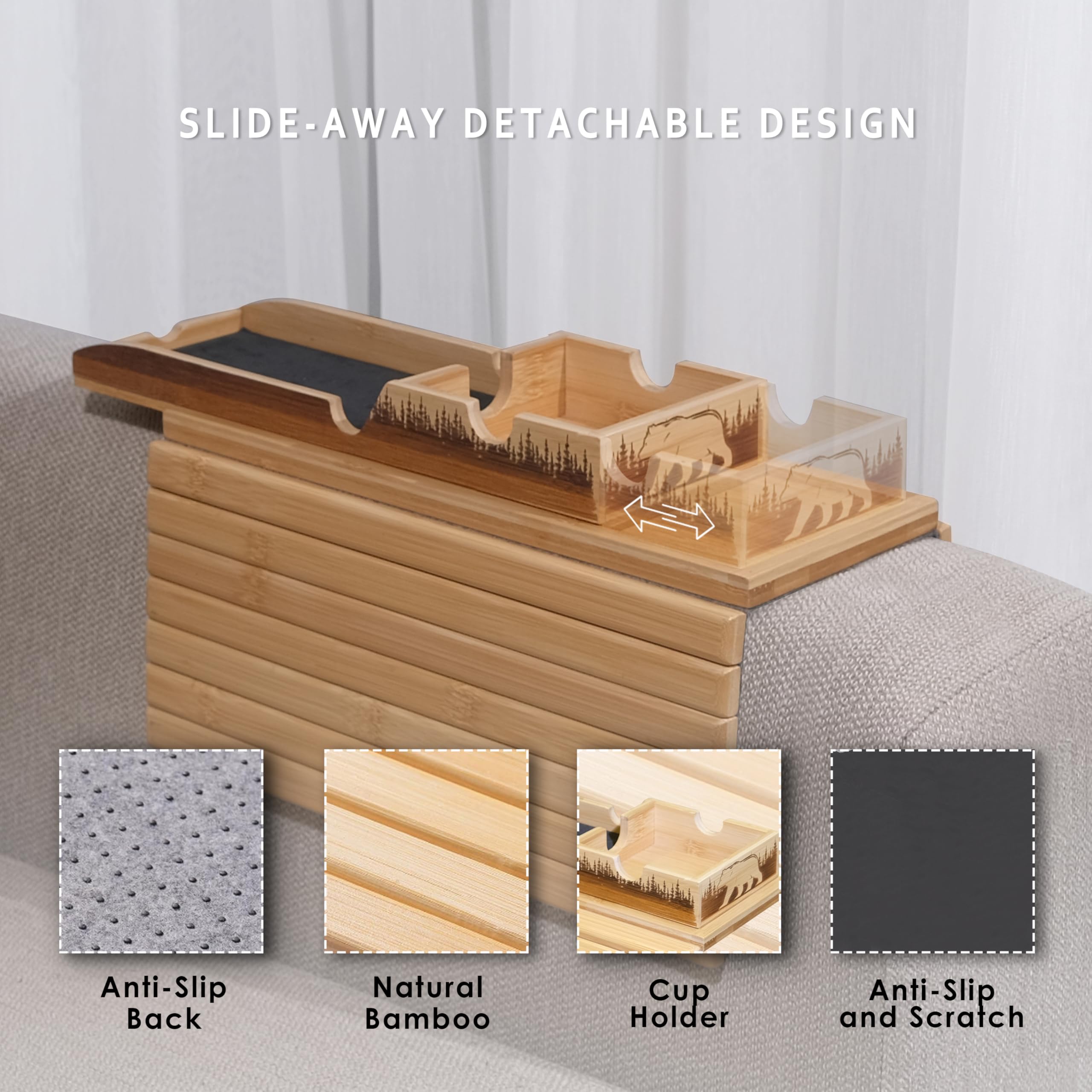 Bamboo Couch Cup Holder Tray - Sofa Arm Table & Side Table for Living Room Furniture | Home Decor Accessories, Couch Organizer, TV Snack Tray - Perfect for Movie Nights & Relaxing in Living Room