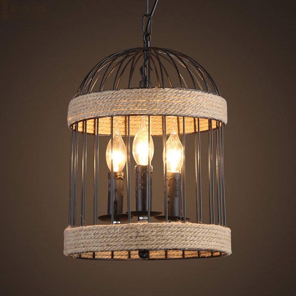 American Retro Industrial Hemp Chandelier - 26x26x34cm Black Candle Ceiling Light for Living Room, Bedroom, Hallway, Bar, Restaurant & Cafe | Vintage Birdcage Design | Perfect for Farmhouse, Loft & Industrial Decor