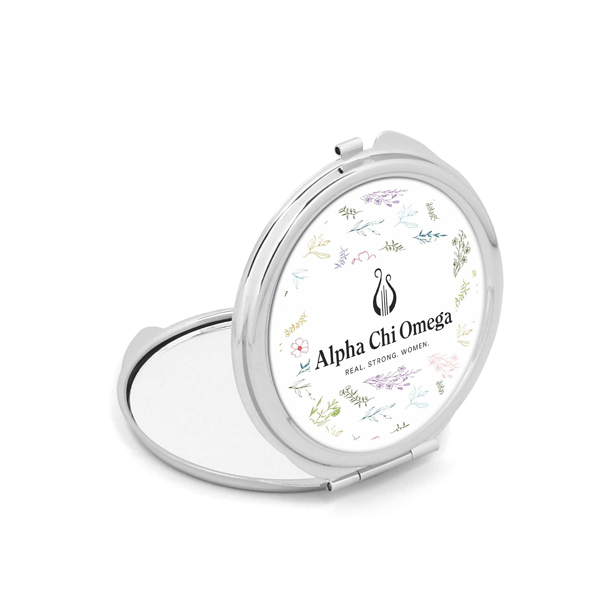 Alpha Chi Omega Sorority Compact Mirror - Round Portable Makeup Mirror with Double Cosmetic Pockets - Perfect for Sorority Sisters, Travel & Touch-ups