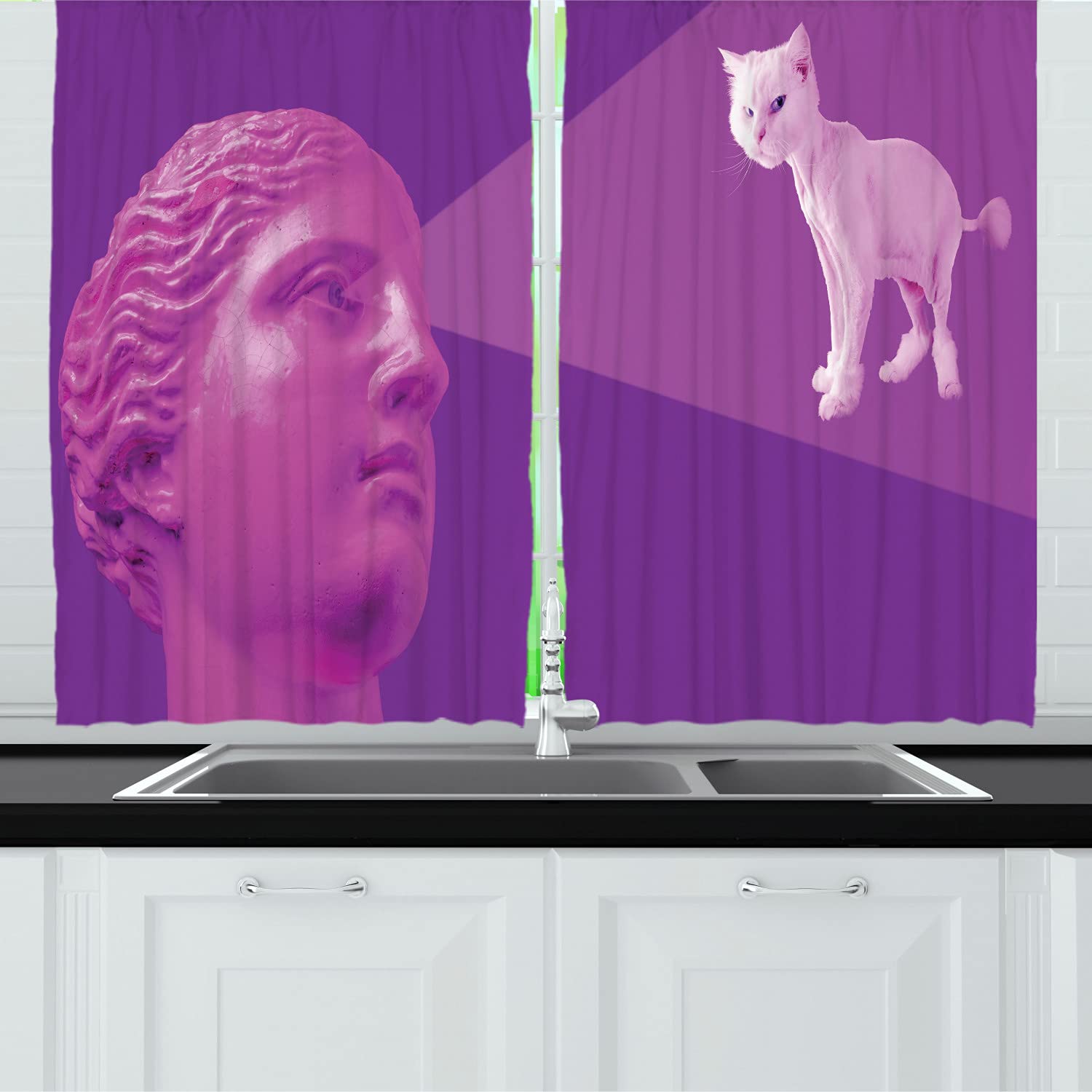 Ambesonne Psychedelic Cat Print Long Kitchen Curtains - Vaporwave Greek Statue & Shaved Kitten Design - 2 Panel Rod Pocket Drapes 55