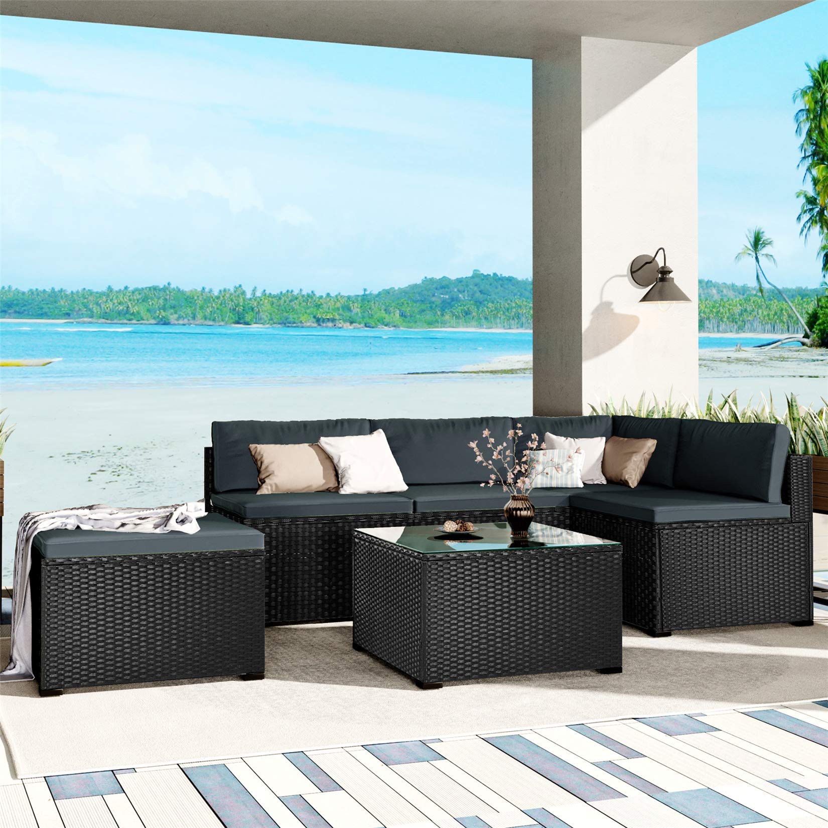 Harper & Bright Designs 6-Piece Outdoor Patio Furniture Set - Wicker Rattan Sofa, Chairs, Coffee Table & Ottoman with Cushions - Perfect for Backyard, Garden, Poolside, Deck or Porch - Gray Weather-Resistant Conversation Set