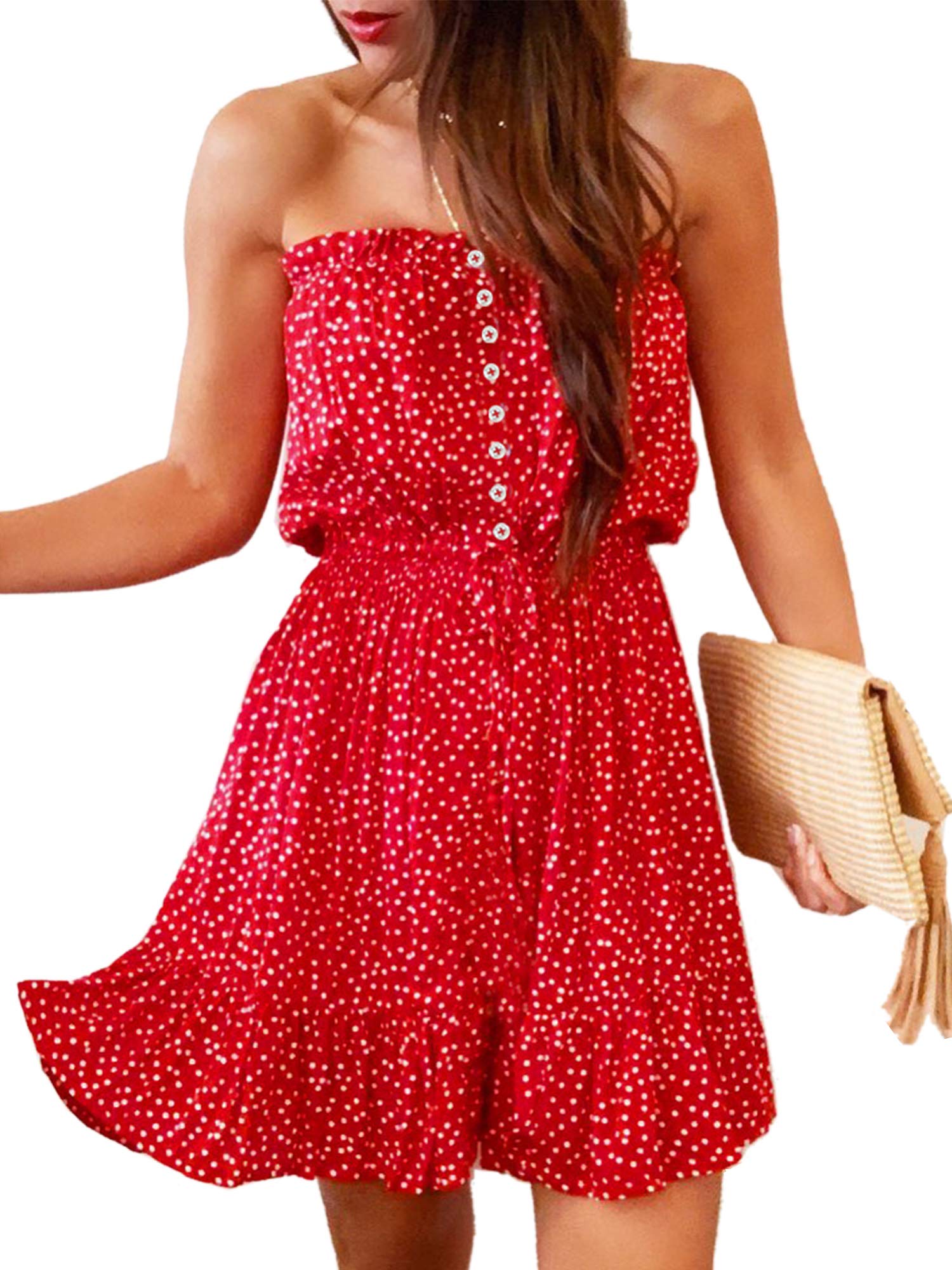 Angashion Women's Floral Strapless Pleated Flowy Skater Mini Tube Dress - Summer Beach Party, Wedding Guest, Date Night Outfit