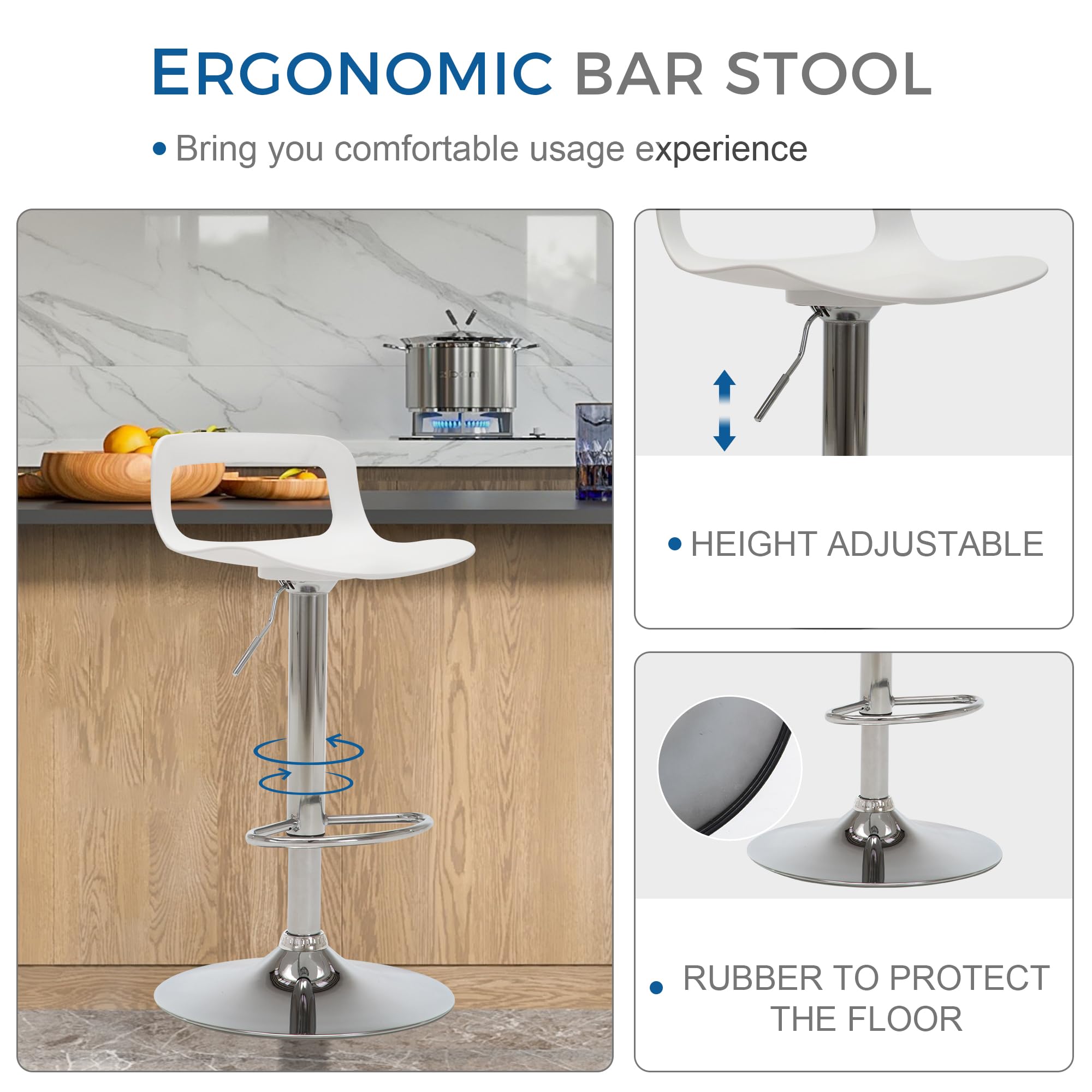 Set of 4 Modern Adjustable Swivel Bar Stools - Counter Height Plastic Stools with Matte White Finish for Kitchen Island, Breakfast Bar & Home Decor