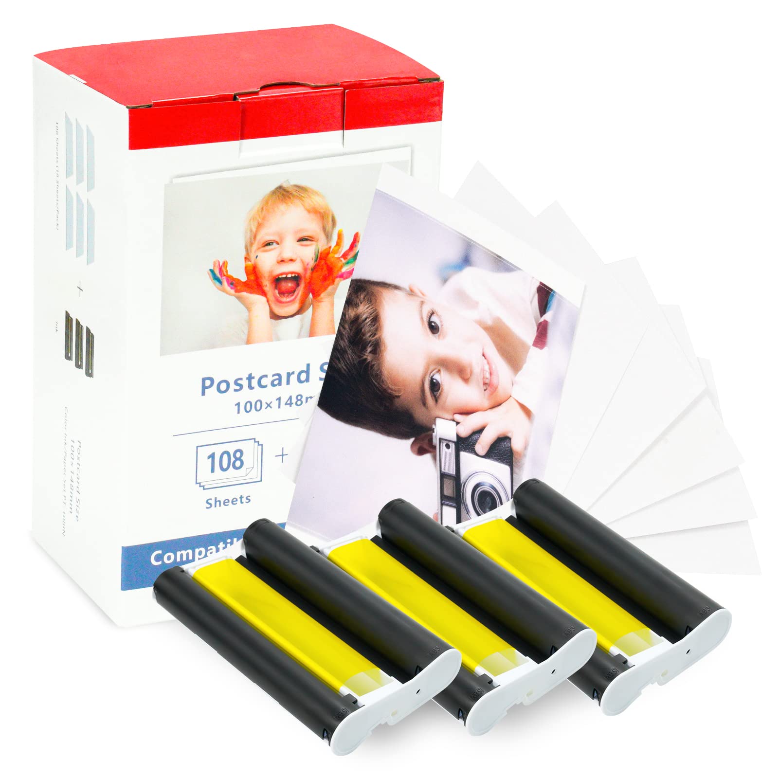 KP-108IN Compatible 4x6 Photo Paper Set - 3 Color Inks & 108 Sheets, 100x148mm Waterproof Printer Paper for Canon Selphy CP1200 CP1300 | Perfect for Home Photo Printing, Scrapbooking & Gift Cards