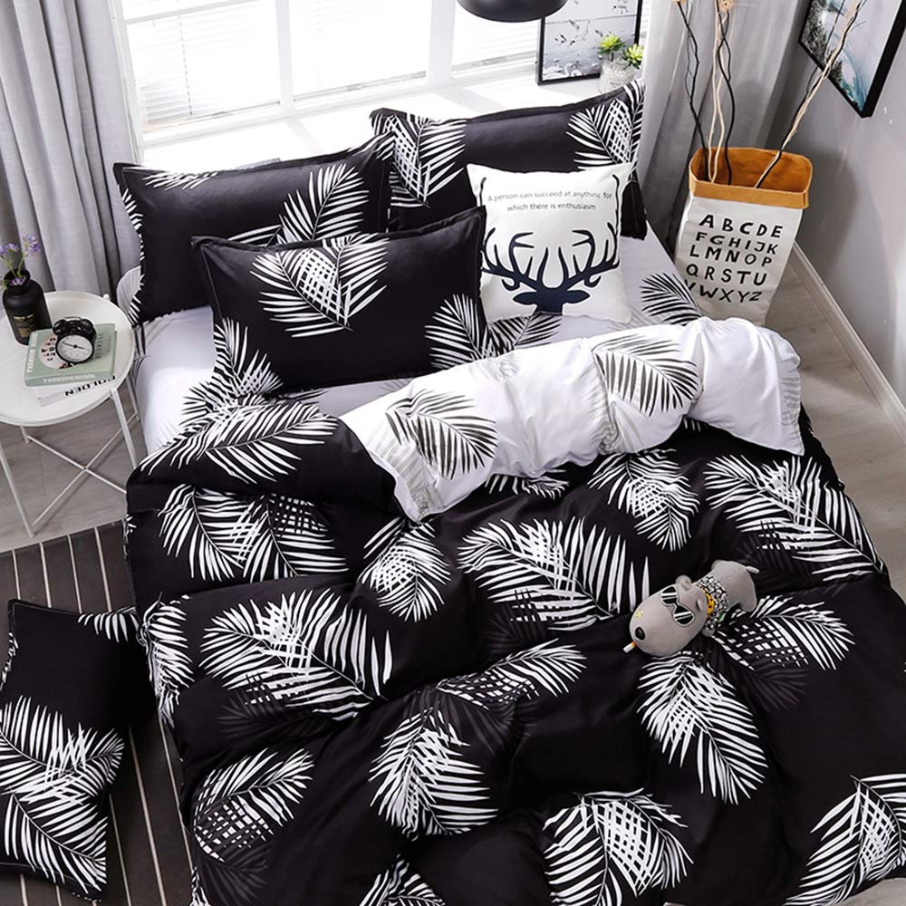 Feelyou Black and White Reversible Duvet Cover Set - Palm Leaf Print Comforter Cover for Kids, Teens & Adults - Twin Size Soft Zipper Closure Bedding - Perfect for Boho Bedroom Decor & Guest Room Styling