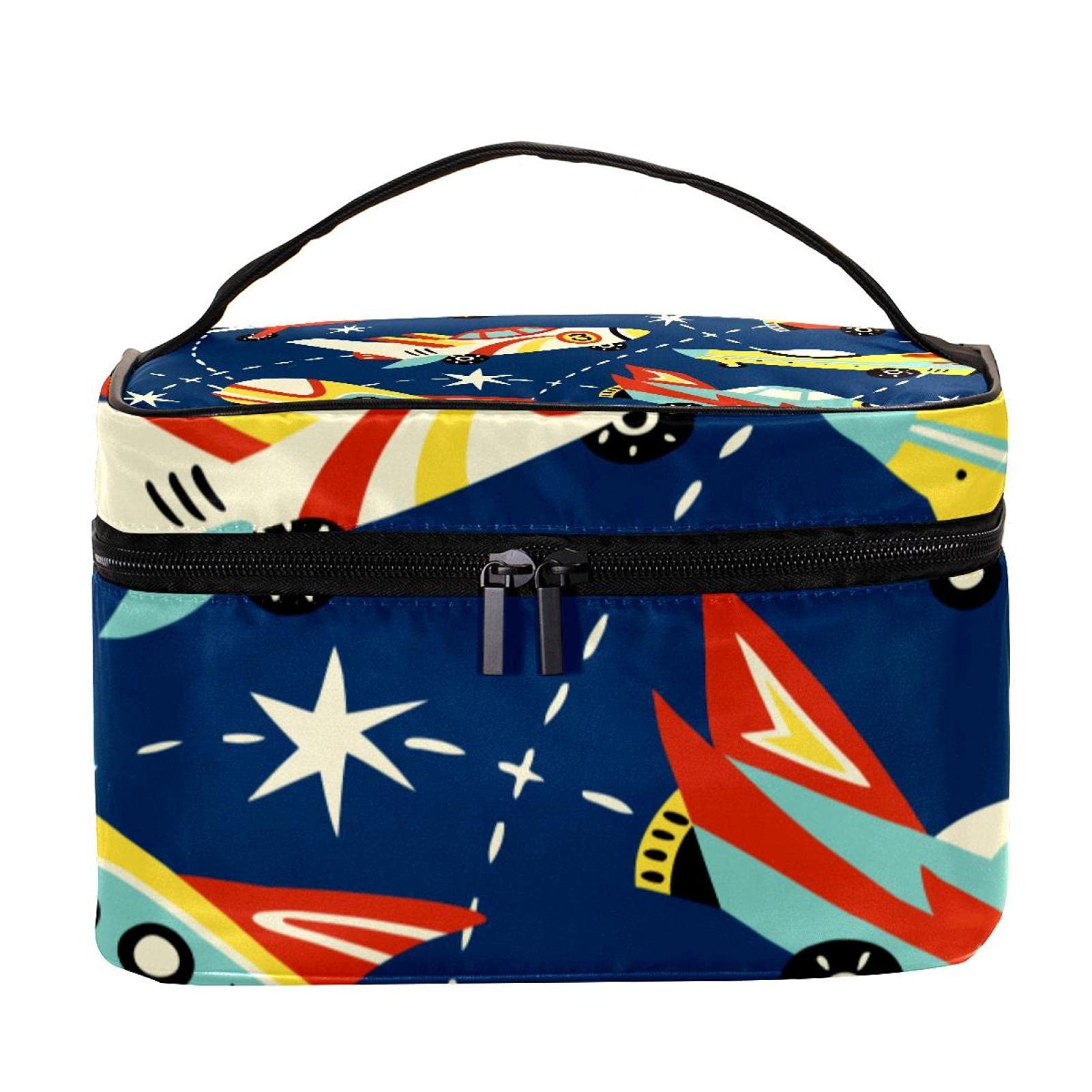 Cartoon Space Themed Navy Blue Travel Makeup Bag - Large Cosmetic Organizer Case with Zipper for Women & Girls - Perfect for Travel, Gym, and Daily Essentials Storage