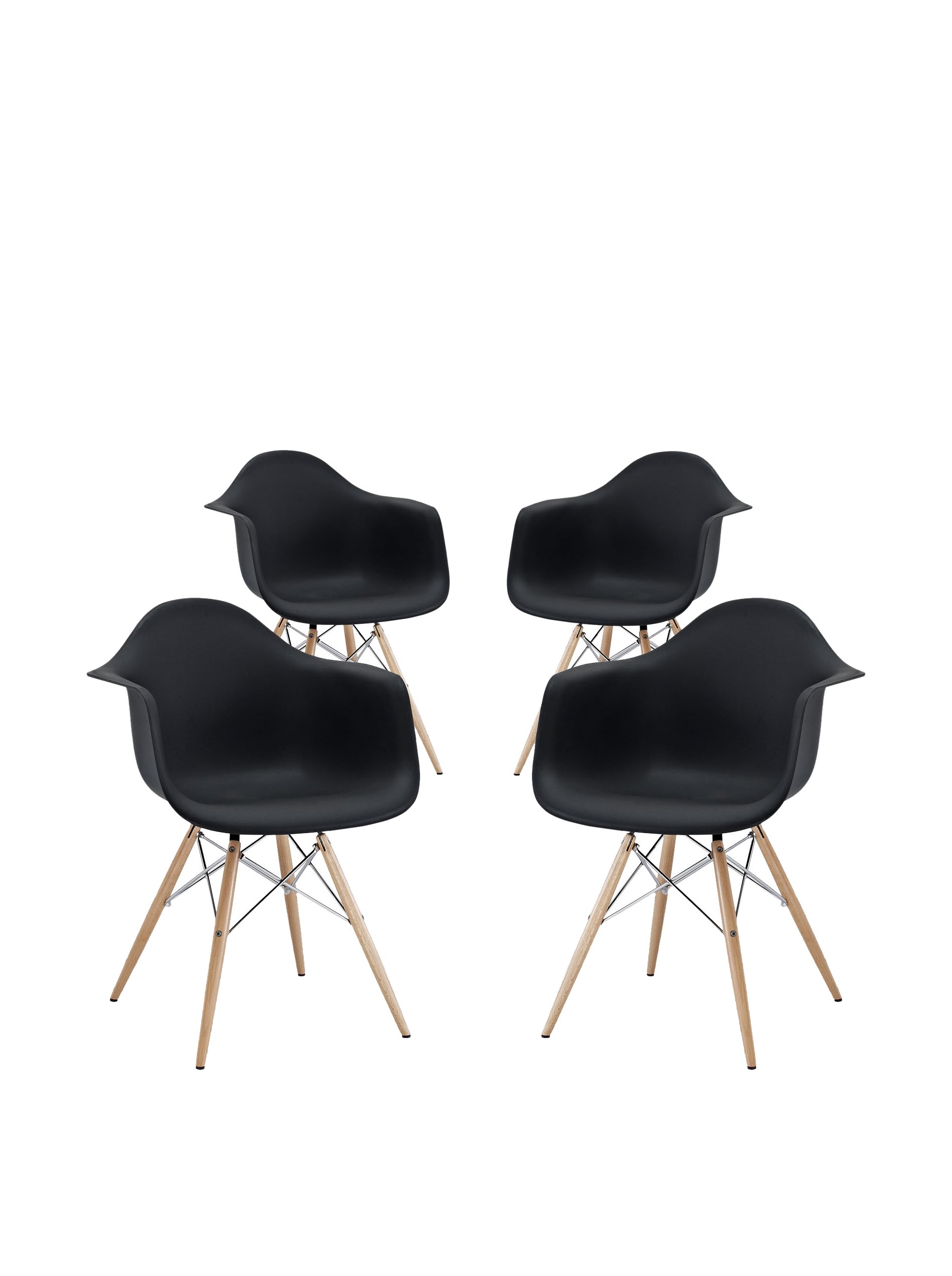 Modway Pyramid Mid-Century Modern Dining Chairs - Set of 4 Black Upholstered Armchairs with Natural Wood Legs | Perfect for Kitchen, Dining Room & Home Office