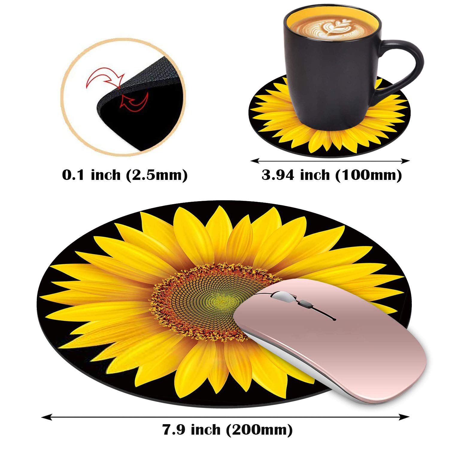 LACOMA Round Mouse Pad and Coasters Set - Sunflower Design Non-Slip Rubber Base for Laptop & Computer - Cute Desk Accessories for Office, Gaming & Home Workspace
