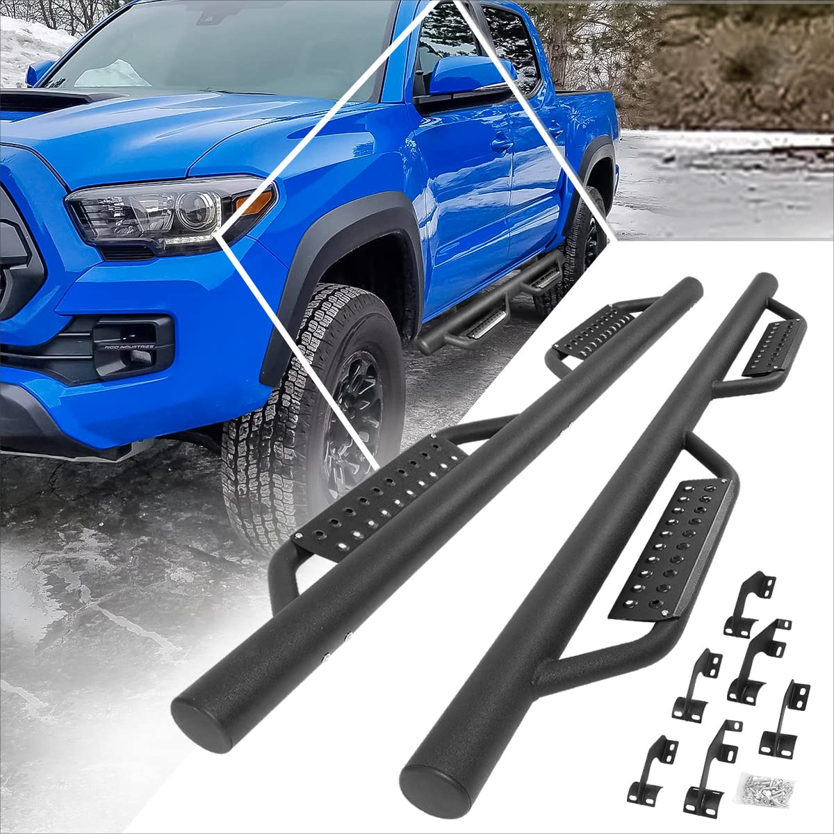 3 Inch Black Steel Round Tube Nerf Bars Side Steps with Drop Step Pads - Compatible with 2005-2021 Toyota Tacoma Crew Cab | Heavy Duty Running Boards for Off-Road & Daily Driving