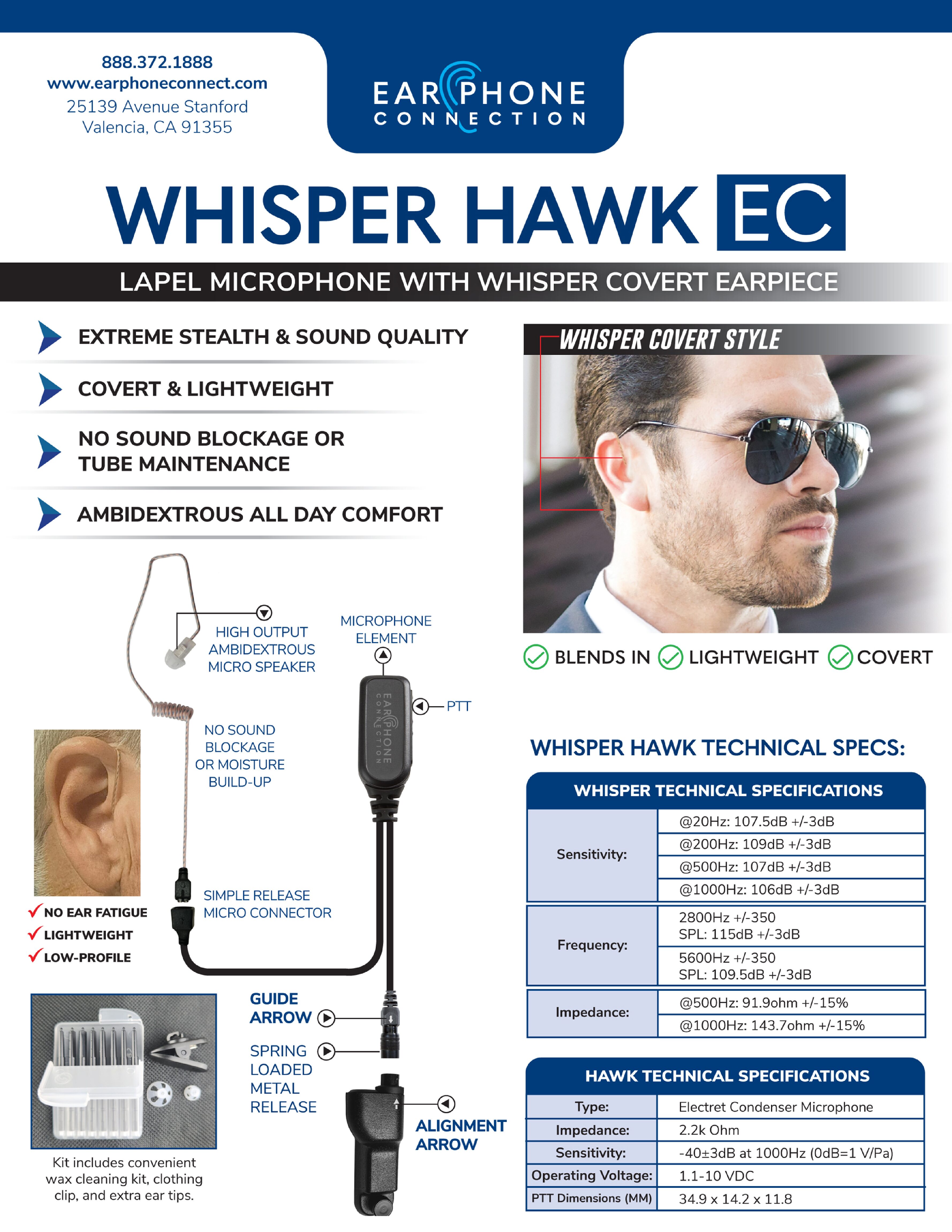 Whisper Hawk EC Covert Lapel Microphone EP1334EC W - Compatible with Motorola APX/TRBO Radios - Perfect for Law Enforcement, Security & Professional Communications