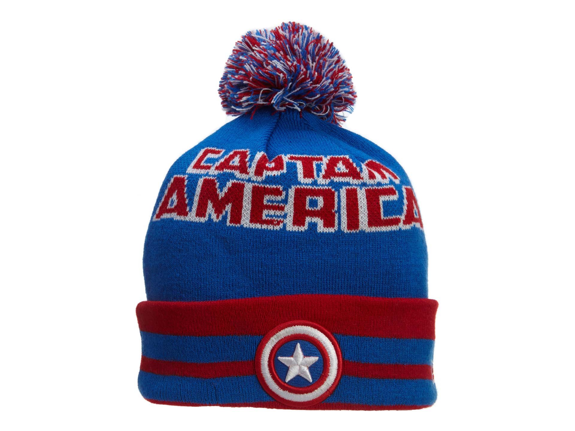 New Era Captain America Pompom Beanie - Winter Knit Hat for Men - Marvel Superhero Design - Warm & Stylish for Outdoor Sports, Snowboarding, and Casual Winter Wear