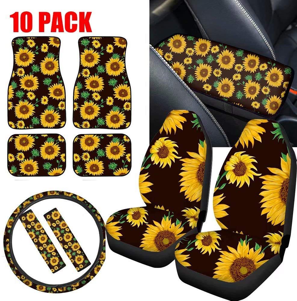 Premium 10-Piece Sunflower Print Car Interior Decor Set - Universal Fit Seat Covers, Floor Mats, Steering Wheel Cover, Seat Belt Covers & Armrest Pads for Cars, SUVs & Trucks | Stylish Floral Car Accessories for Women & Girls | Perfect for Daily Commute, Road Trips & Gift Giving