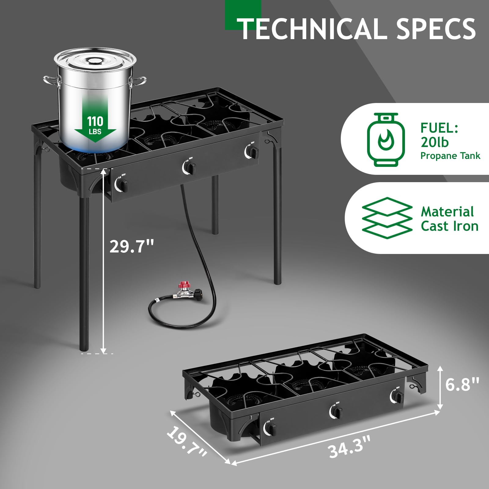 Outvita 3 Burner Propane Gas Stove - 225,000 BTU Outdoor Camping Stove with Removable Legs & Adjustable Temperature Control - Perfect for Backyard BBQ, Picnics, Tailgating, and RV Cooking