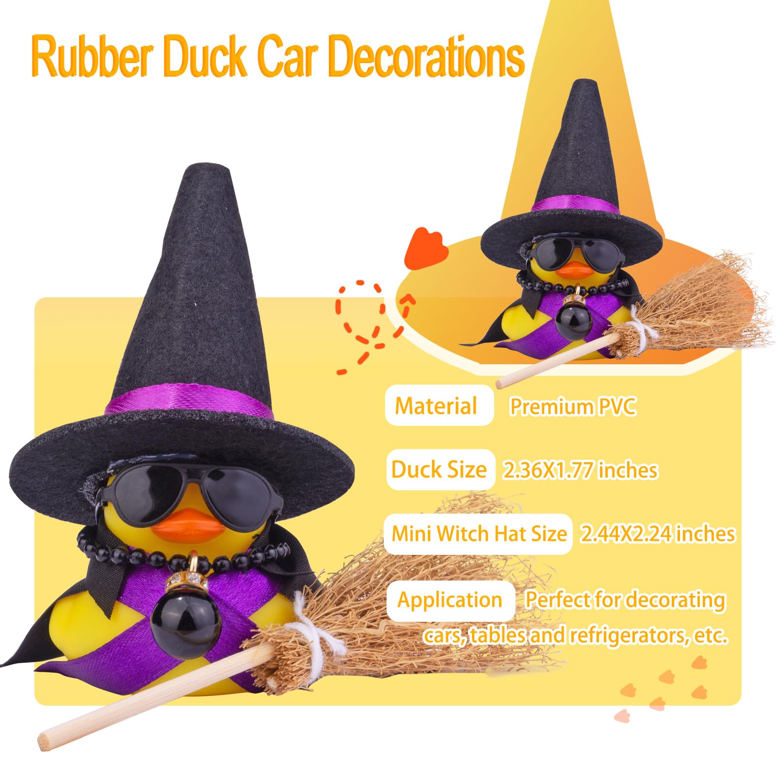 Witch Duck Car Dashboard Decorations - Cute Duck Car Ornaments with Witch Hat, Broom & Sunglasses - Fun Car Accessories for Halloween & Everyday Decor