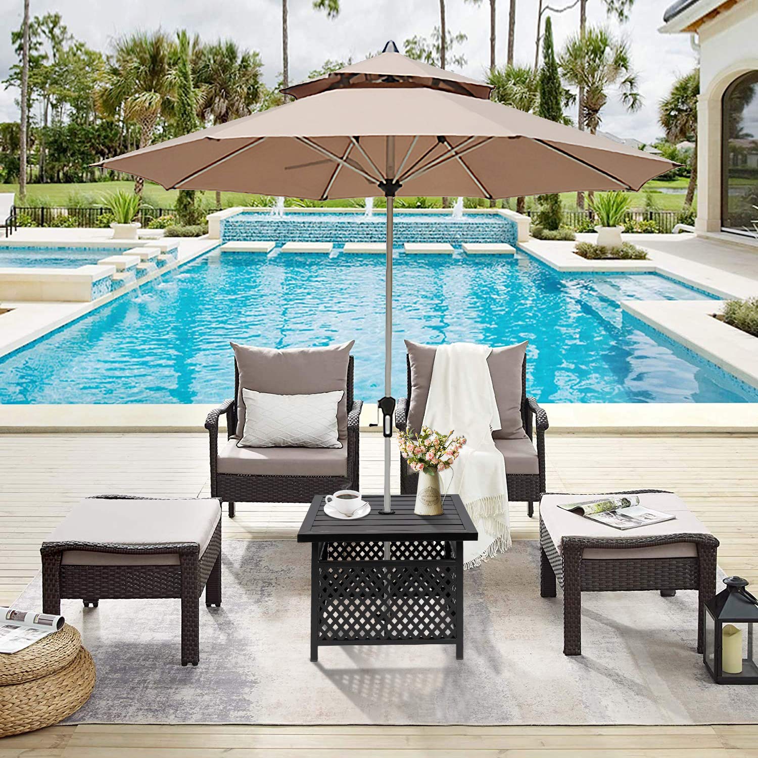 Betterland Outdoor Umbrella Side Table - Black Metal Square Patio Coffee Table with 1.57