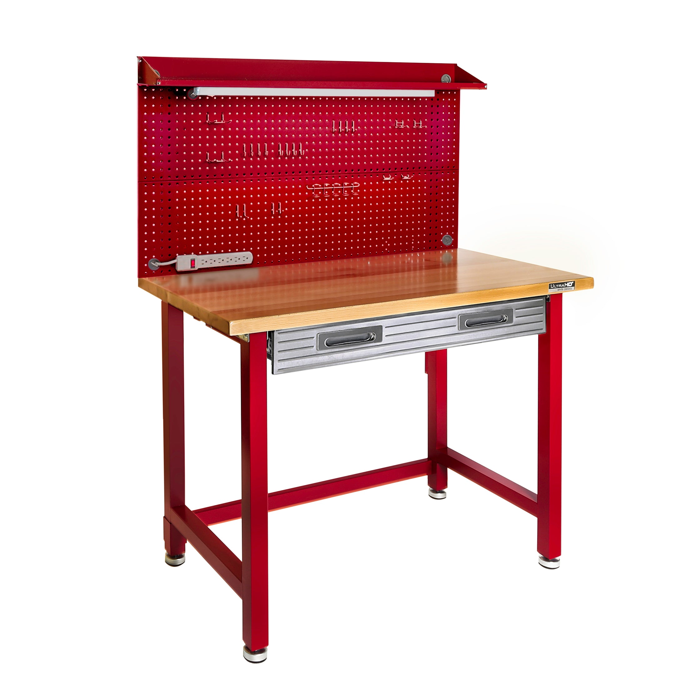 UltraHD® Lighted Workbench with Wooden Top & Pegboard - Perfect for DIY Projects, Home Workshops, and Garage Organization