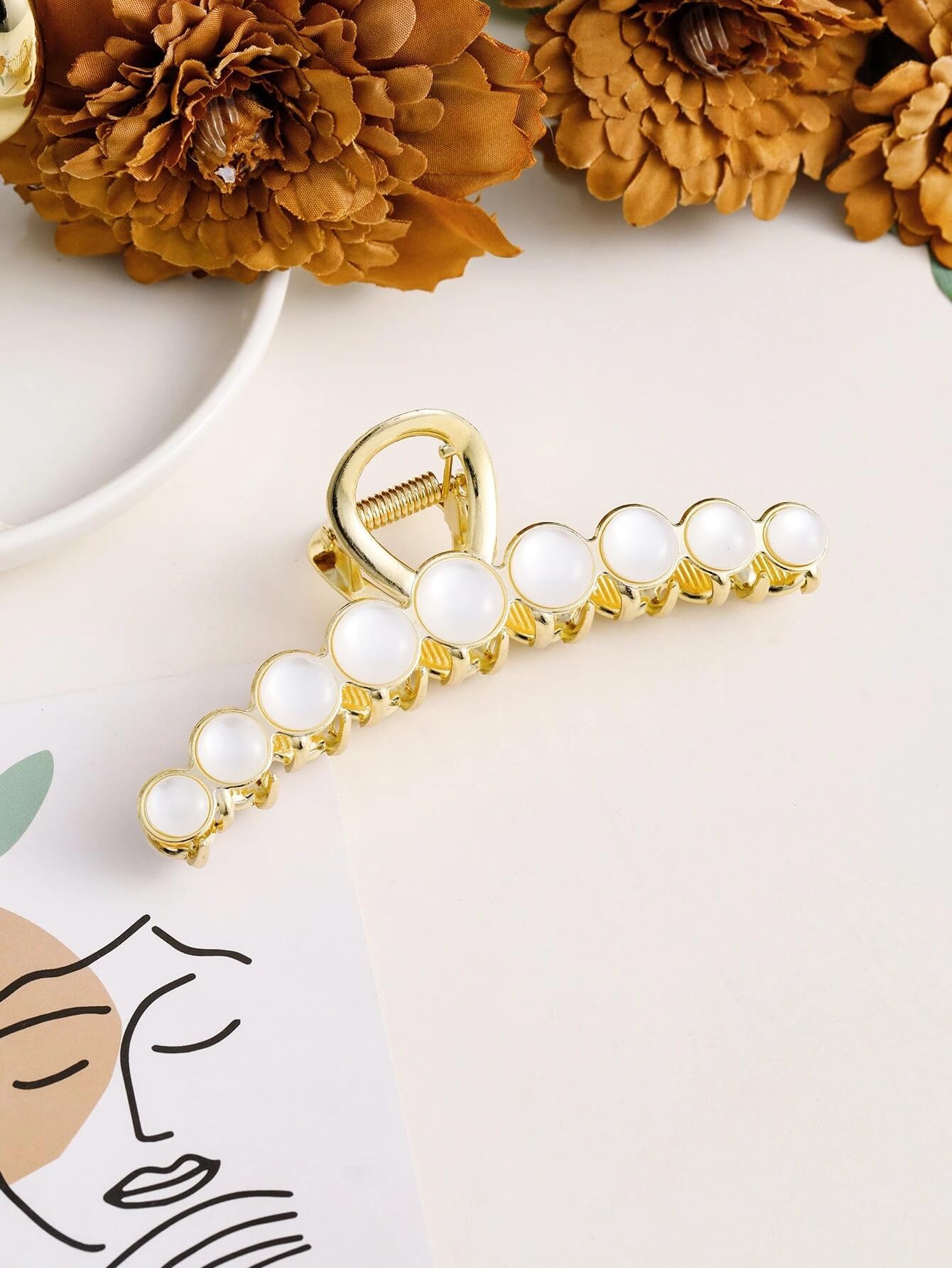 ANNA CREATIONS Golden Large Metal Pearl Hair Claw Clip - Elegant Hair Accessories for Women & Girls - Perfect for Weddings, Parties & Everyday Styling