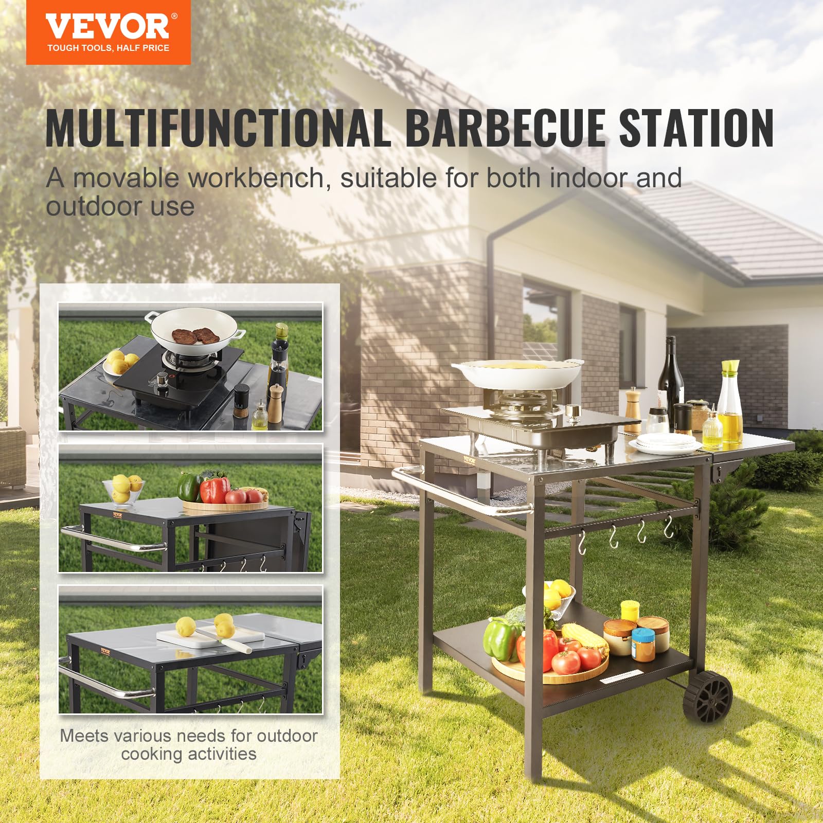 VEVOR Outdoor Grill Dining Cart with Double-Shelf - Portable BBQ Food Prep Table with Foldable Iron Top, 2 Wheels & Carry Handle | Perfect for Backyard Cooking, Camping & Pizza Oven Workstation