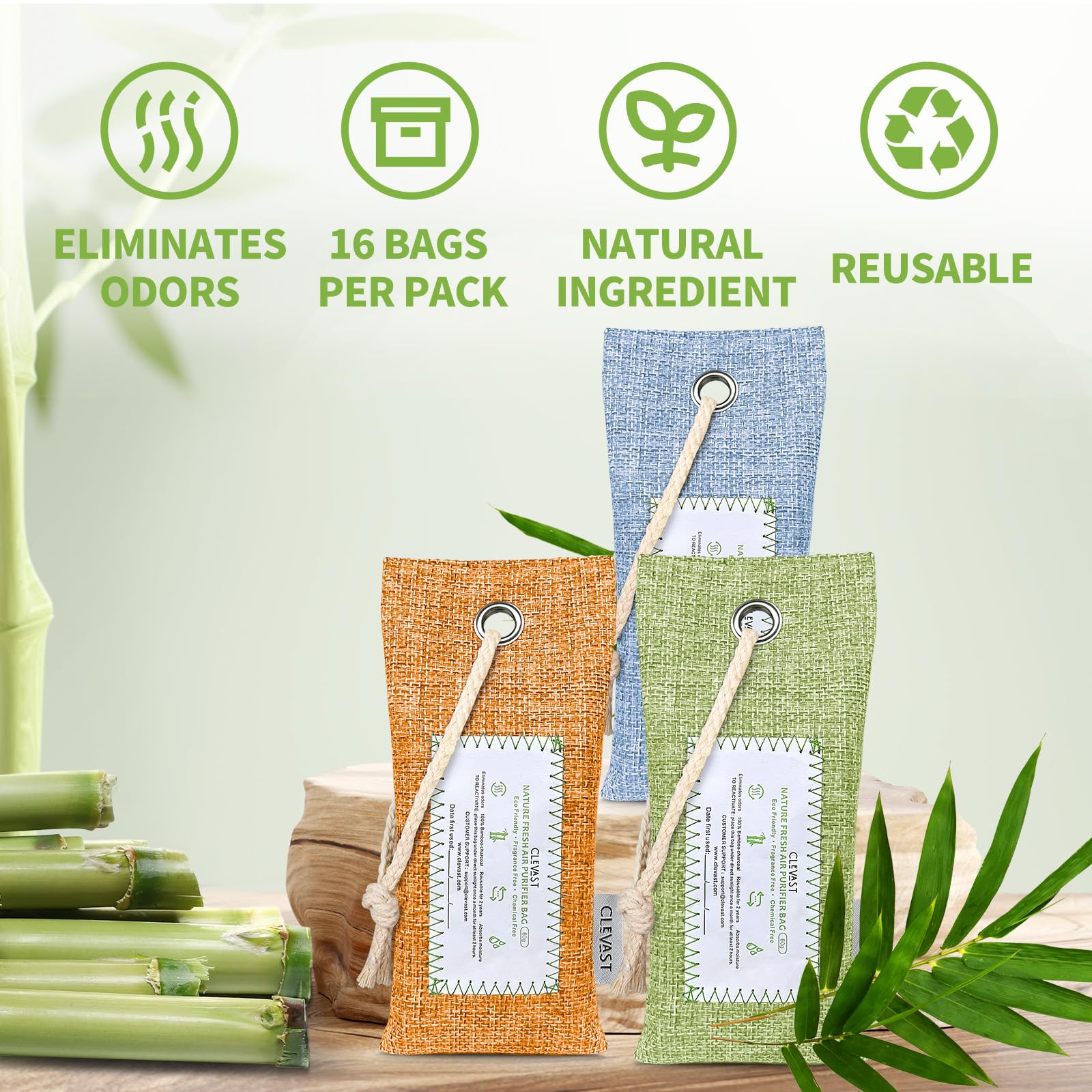 CLEVAST 6 Pack Bamboo Charcoal Air Purifying Bags (6x60g) - Natural Activated Odor Absorber, Moisture Eliminator & Deodorizer for Home, Closet, Shoes, Car & Pet Areas | Eco-Friendly Air Freshener for Fresh & Clean Spaces