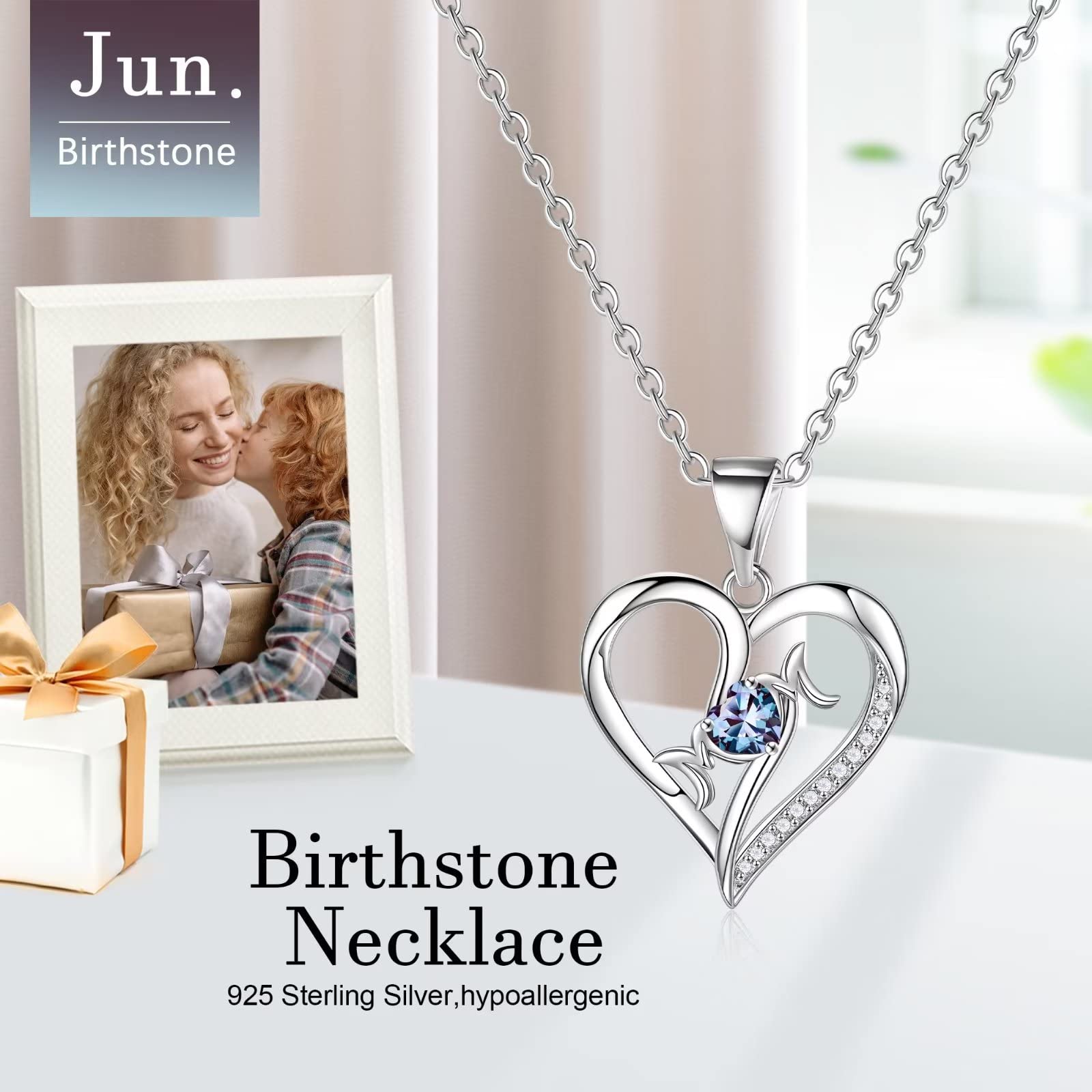925 Sterling Silver Heart Birthstone Necklace for Mom - Personalized Mother's Jewelry Gift for Birthday, Valentine's Day & Special Occasions | Elegant Pendant Necklace from Daughter or Son | Perfect for Everyday Wear, Anniversaries & Mother's Day Gifts