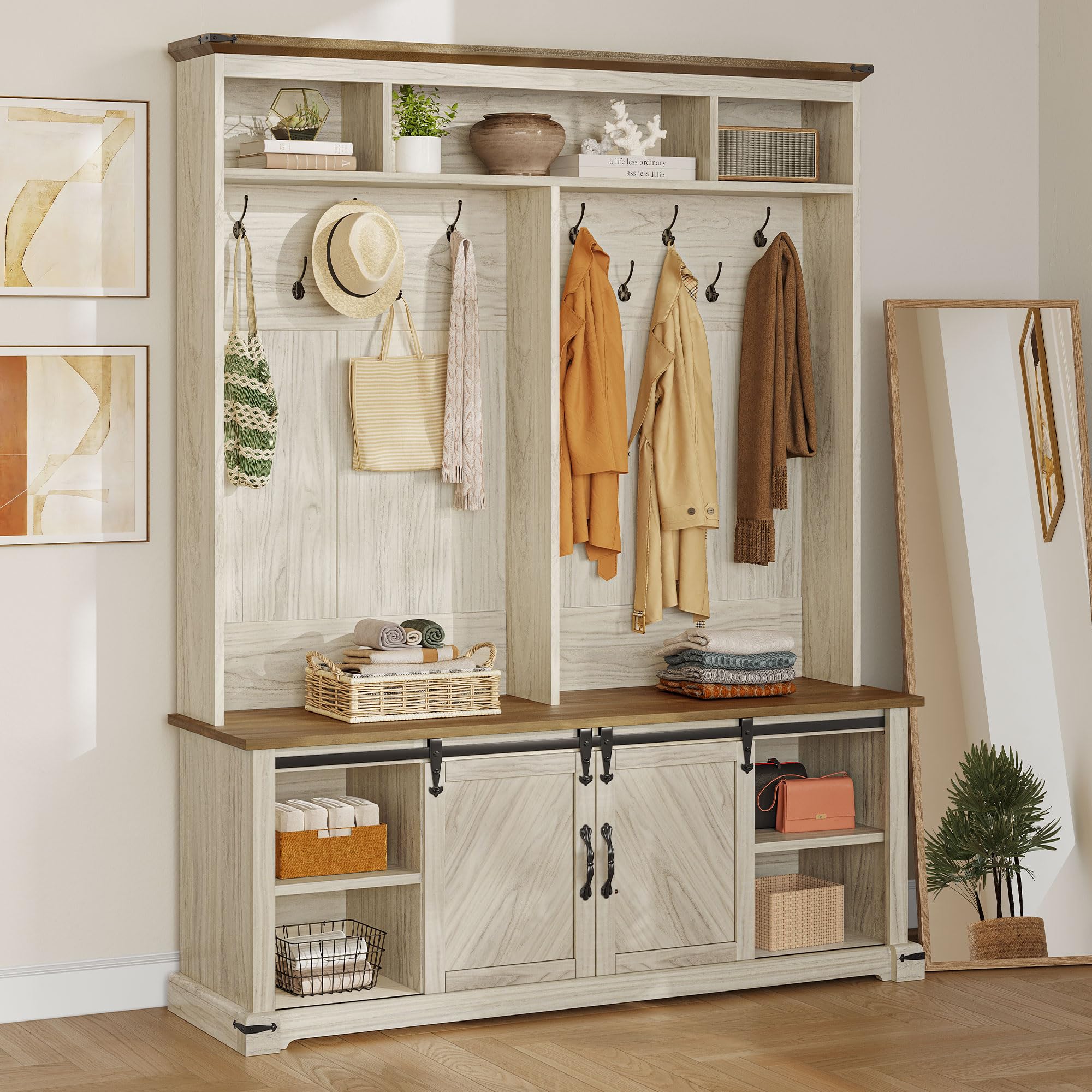 YITAHOME Farmhouse Entryway Bench with Coat Rack, Shoe Storage & 10 Hooks - Rustic Hall Tree Organizer with Sliding Barn Doors & 13 Shoe Compartments - Perfect for Mudroom, Foyer & Small Space Entryway Organization