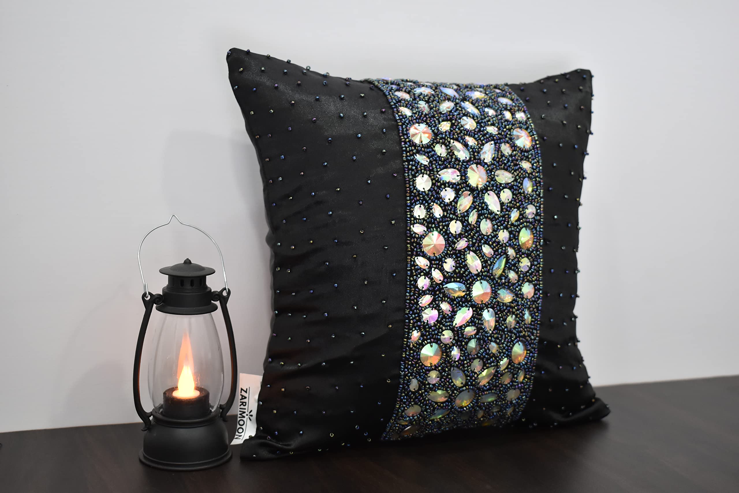 Luxury Black Rainbow Beaded Pillow Cover - Handmade Embroidered Decorative Throw Pillow Case - 26x26 Inches - Contemporary Modern Home Decor for Living Room, Bedroom, Sofa