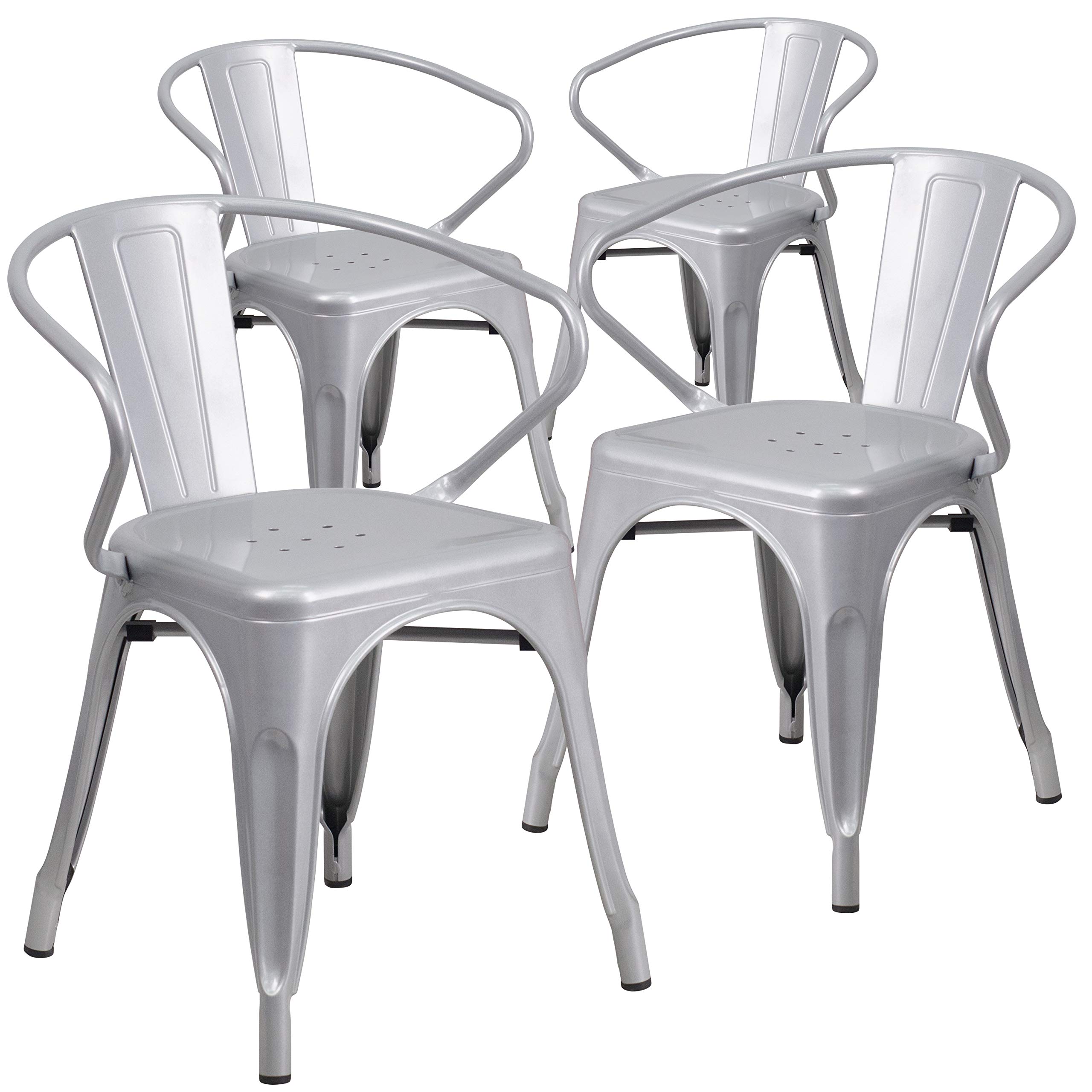 4 Pack Silver Metal Indoor-Outdoor Arm Chairs - Durable Restaurant & Cafe Furniture for Dining, Patio, Garden and Outdoor Seating