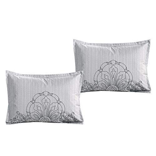Luxury 8-Piece Linen Comforter Set Full/Queen - Modern Light Gray Damask Pattern with Shams, Cushions & Throw | Bed in a Bag | Soft & Breathable for All-Season Comfort | Perfect for Master Bedroom, Guest Room, or Airbnb Styling