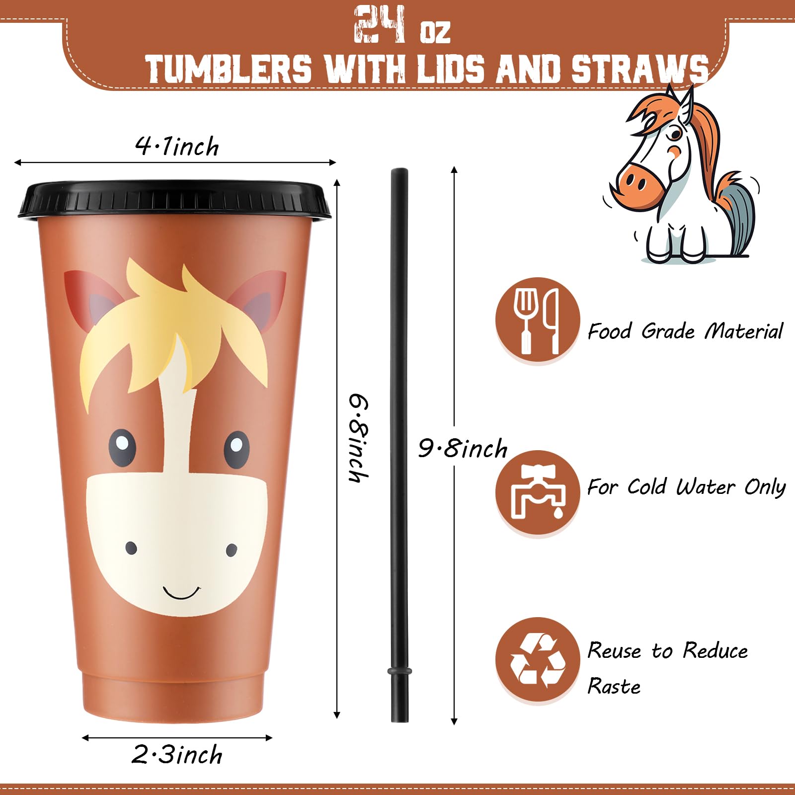 Mifoci 12-Pack 24oz Reusable Plastic Horse Cups with Lid & Straw - Bulk Horse Party Favors, Birthday Party Themed Gifts for Kids & Adults - Perfect for Birthday Parties, Baby Showers & Themed Events