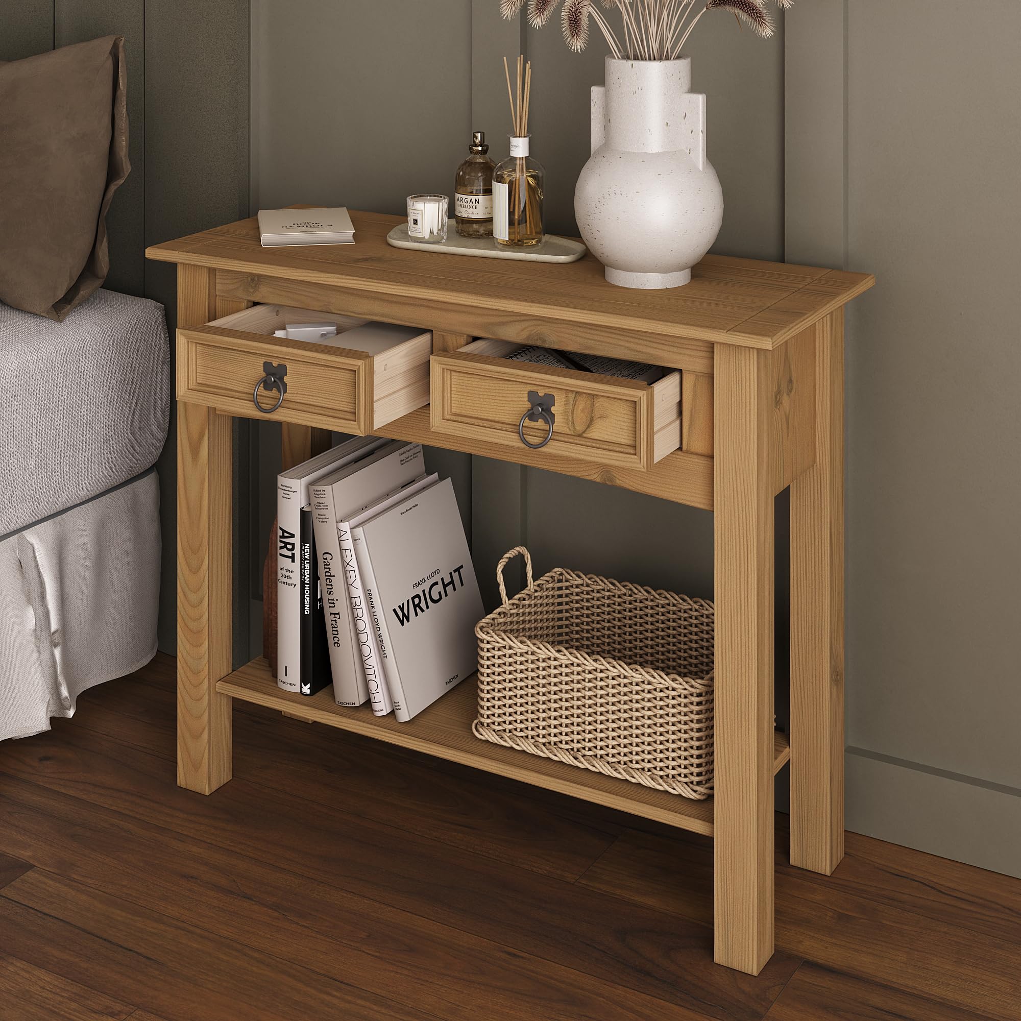 Solid Wood Console Table with 2 Drawers & Shelf - Farmhouse Entryway, Living Room, Bedroom