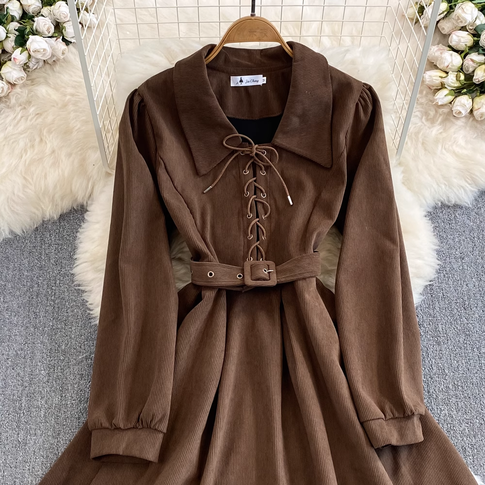 French Retro Long Sleeve A-Line Shirt Dress for Women - Vintage Style Fall Fashion - Perfect for Office, Date Night & Autumn Outings