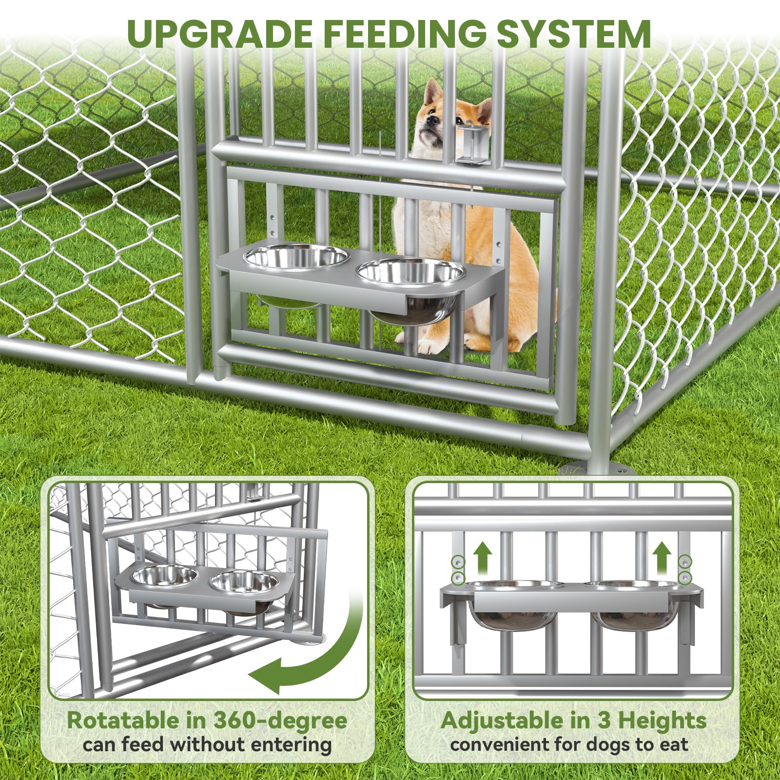 Heavy Duty 6.7x6.7x5 FT Outdoor Dog Kennel with Roof & Rotating Bowls - Durable Shelter for Small & Medium Dogs - Perfect for Backyard, Patio or Camping Use