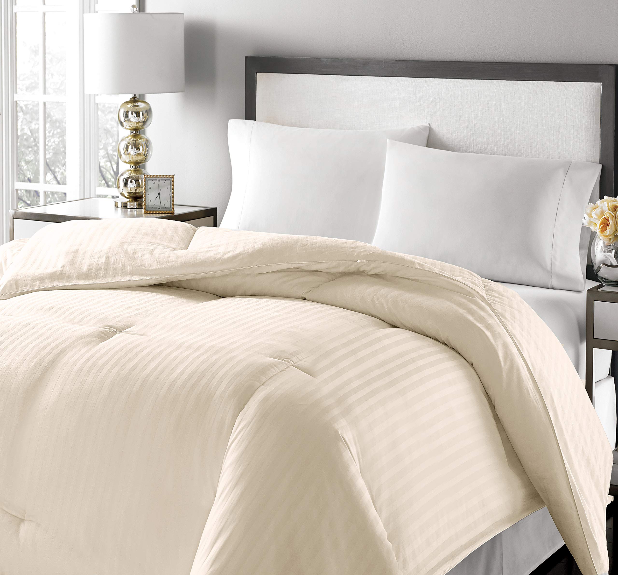 Blue Ridge Home Fashions 350 Thread Count Ivory Damask Stripe King Size Down Comforter - Premium Down/Down Blend for Luxurious Bedroom Comfort