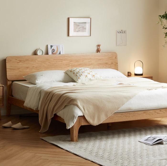 Solid Oak Rubber Wood Bed - Modern Nordic Style Queen/King Size Bed Frame for Bedroom, Living Room & Guest Room