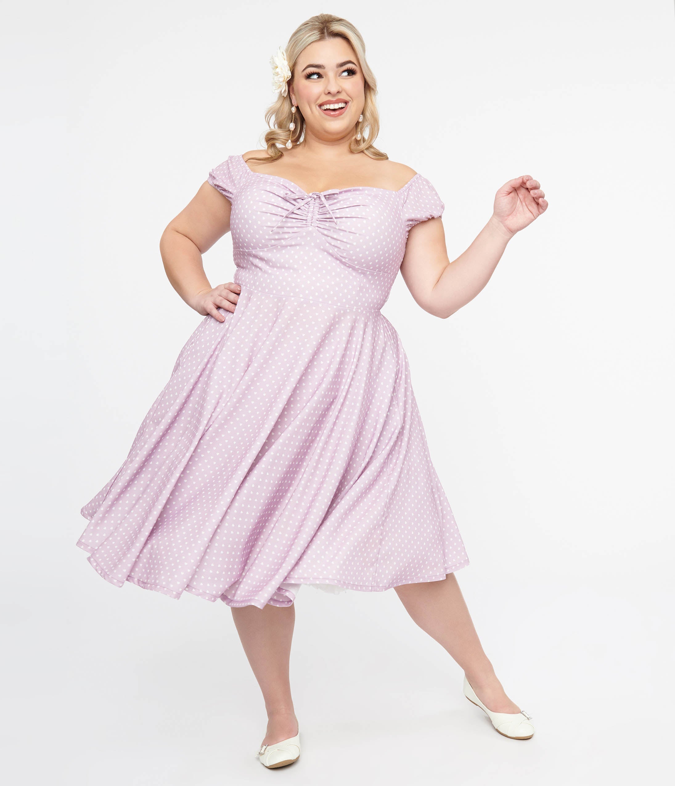 1950s Vintage Plus Size Swing Dress - Lavender & White Heart Print Retro Rockabilly Dress for Women | Perfect for Parties, Dances & 50s Themed Events