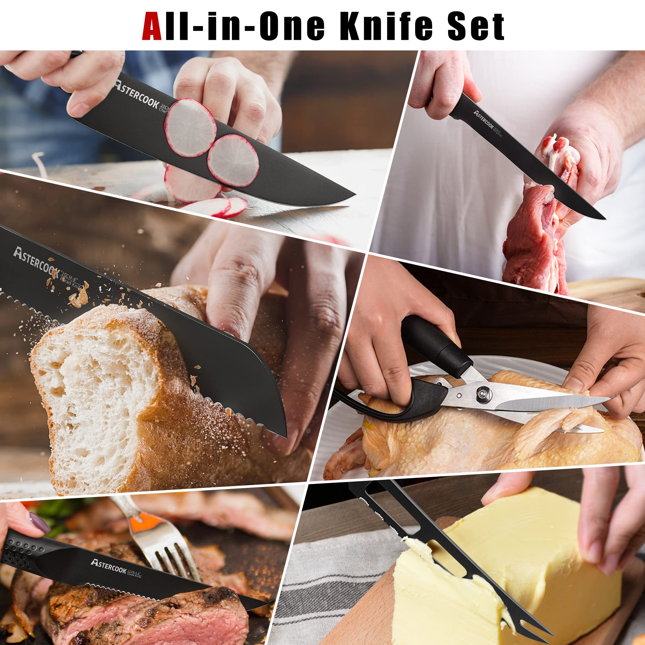Astercook 21-Piece German Stainless Steel Chef Knife Set with Wooden Block - Professional Kitchen Knives for Cooking, Slicing & Chopping - Dishwasher Safe Black Knife Set for Home Chefs & Culinary Enthusiasts