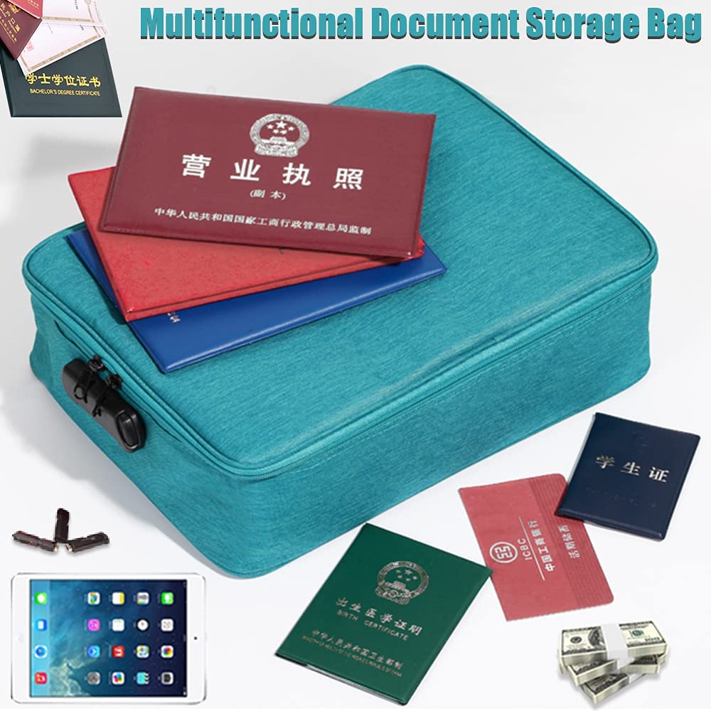 Oxford Document Bag with Secure Lock - Multi-Layer Storage Pouch for MacBook, Passport, A4 Files & Diplomas - Waterproof & Anti-Theft Design - Portable Office & Travel Organizer (Lake Blue) - Perfect for Business Trips, School & Daily Commute