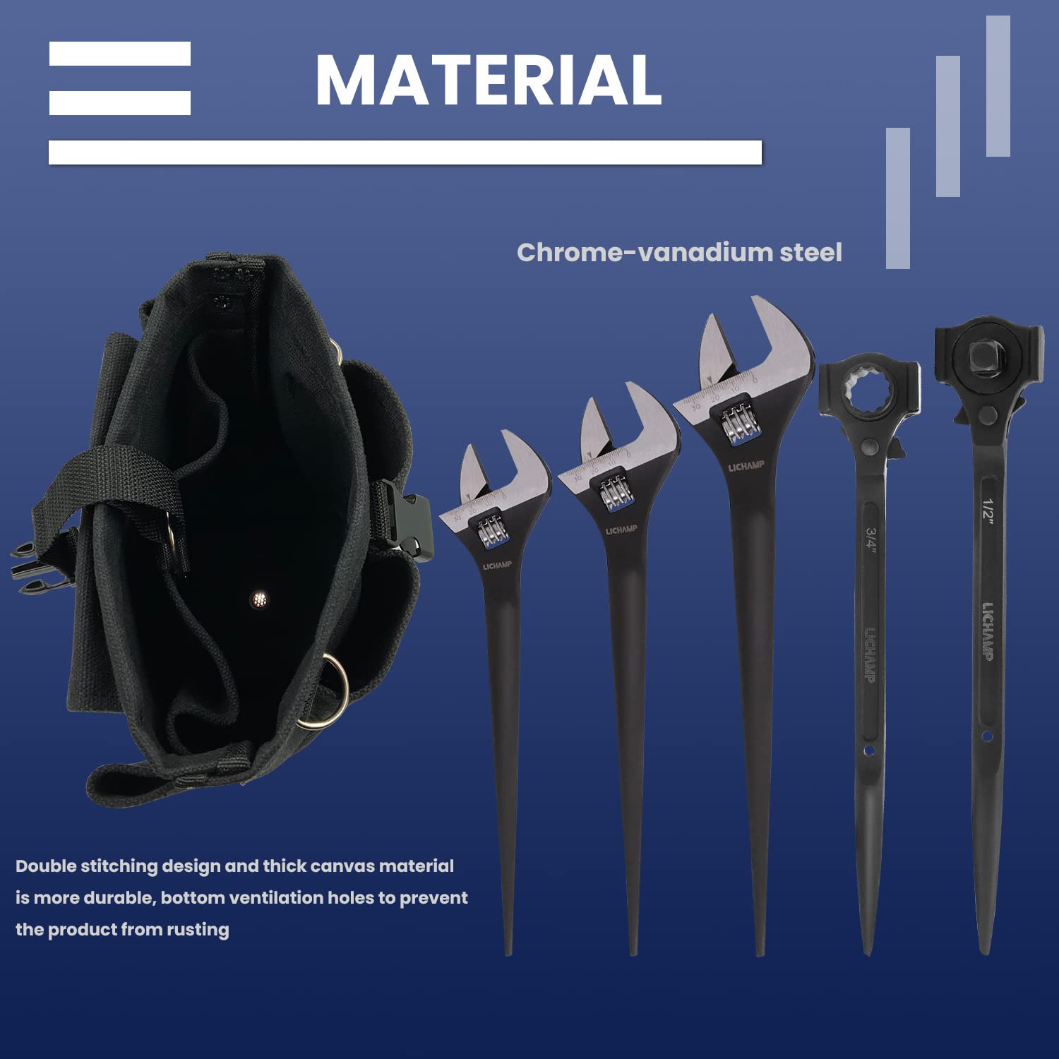 Lichamp 6-Piece Spud Wrench Set - Adjustable 10-16 Inch Dual Head Ratchet Scaffold Wrench with Iron Work Bolt Bags - Perfect for Construction, Plumbing, and Metalworking Projects